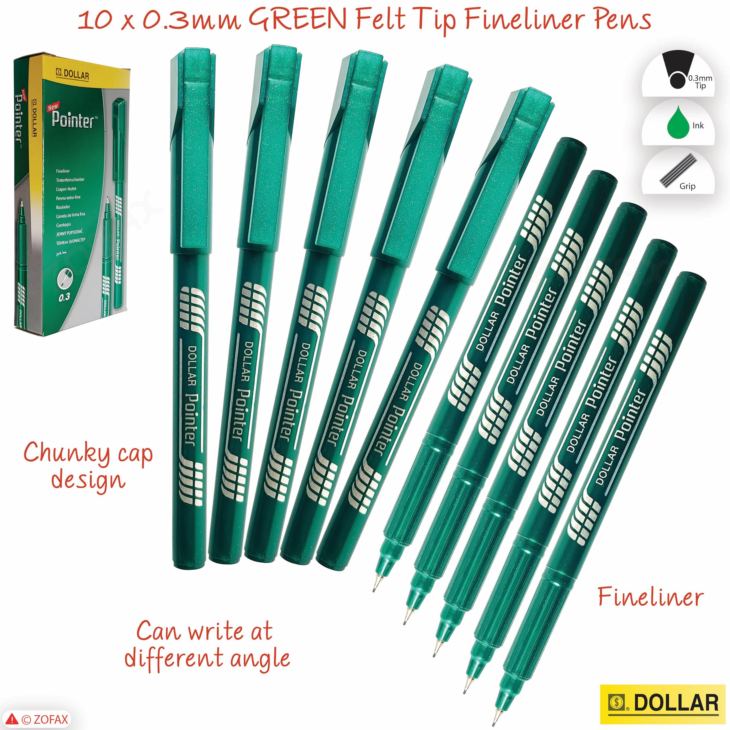 Z3FT Fineliner Pens, GREEN, Fine Tip (0.3mm), Pack of 10, Write Draw Sketch Colour Pens, Artists Calligraphy Illustrations - Image 2