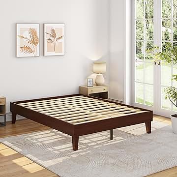 Yaheetech Queen Bed Frame Natural Solid Wood Platform Bed with Wooden Slats Support, 12-inch Underbed Space for Storage, Noise-Free Design, Easy Assembly, Dark Walnut Finish