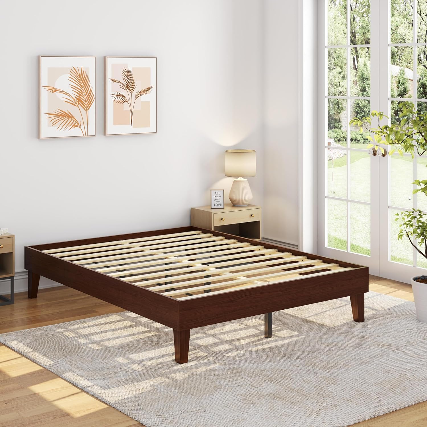 (Similiar/ as is) Yaheetech Queen Bed Frame Natural Solid Wood Platform Bed with Wooden Slats Support, 12-inch Underbed Space for Storage, Noise-Free Design, Easy Assembly, Dark Walnut Finish Queen Dark Walnut