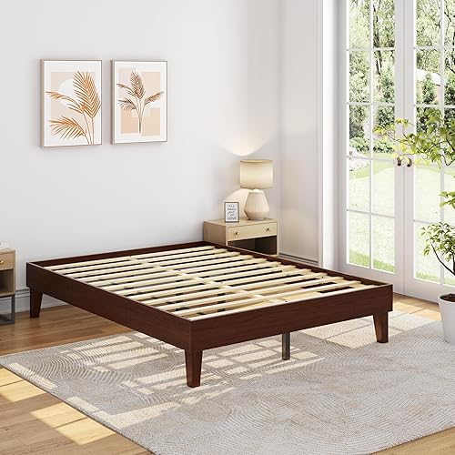 Yaheetech Base de cama Queen con plataforma de madera maciza natural con soporte de listones de madera, espacio debajo de la cama de 12 pulgadas