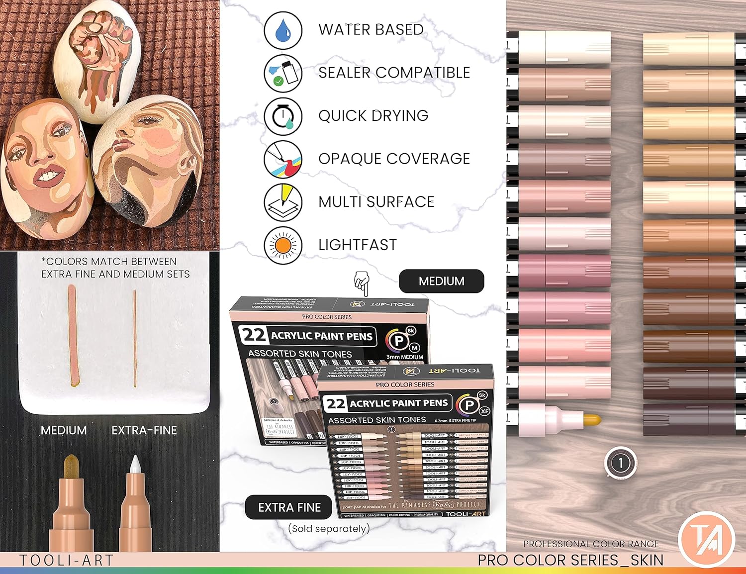 TOOLI-ART 22 Acrylic Paint Markers Paint Pens Pro Color Series Set 3mm Medium Tip for Rock Painting, Glass, Mugs, Wood, Metal, Glass Paint, Canvas, DIY. Non Toxic, Waterbased, Quick Drying (SKIN) - Image 5