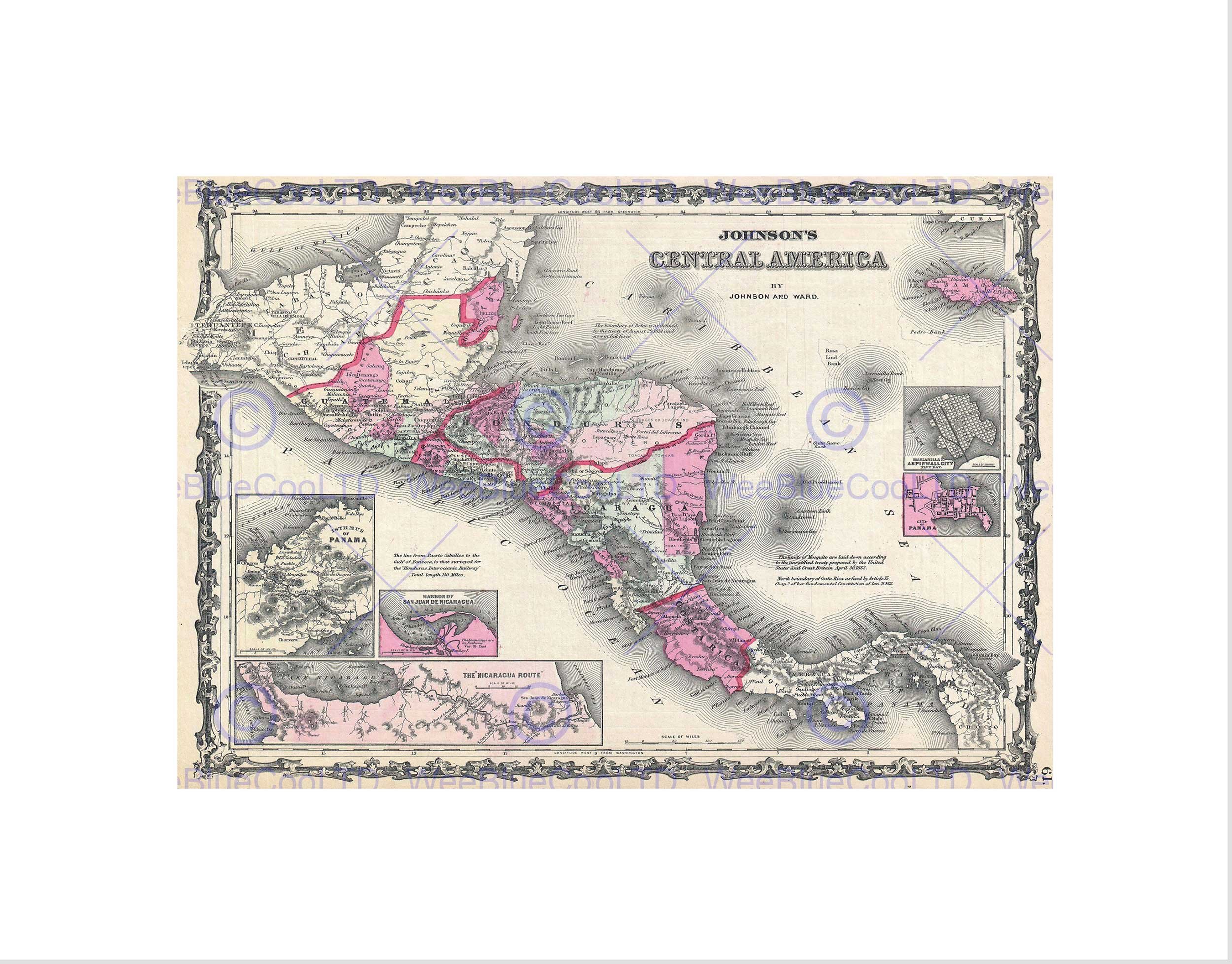 Wee Blue Coo Map Illustrated Antique Johnson Central America Wall Art Print