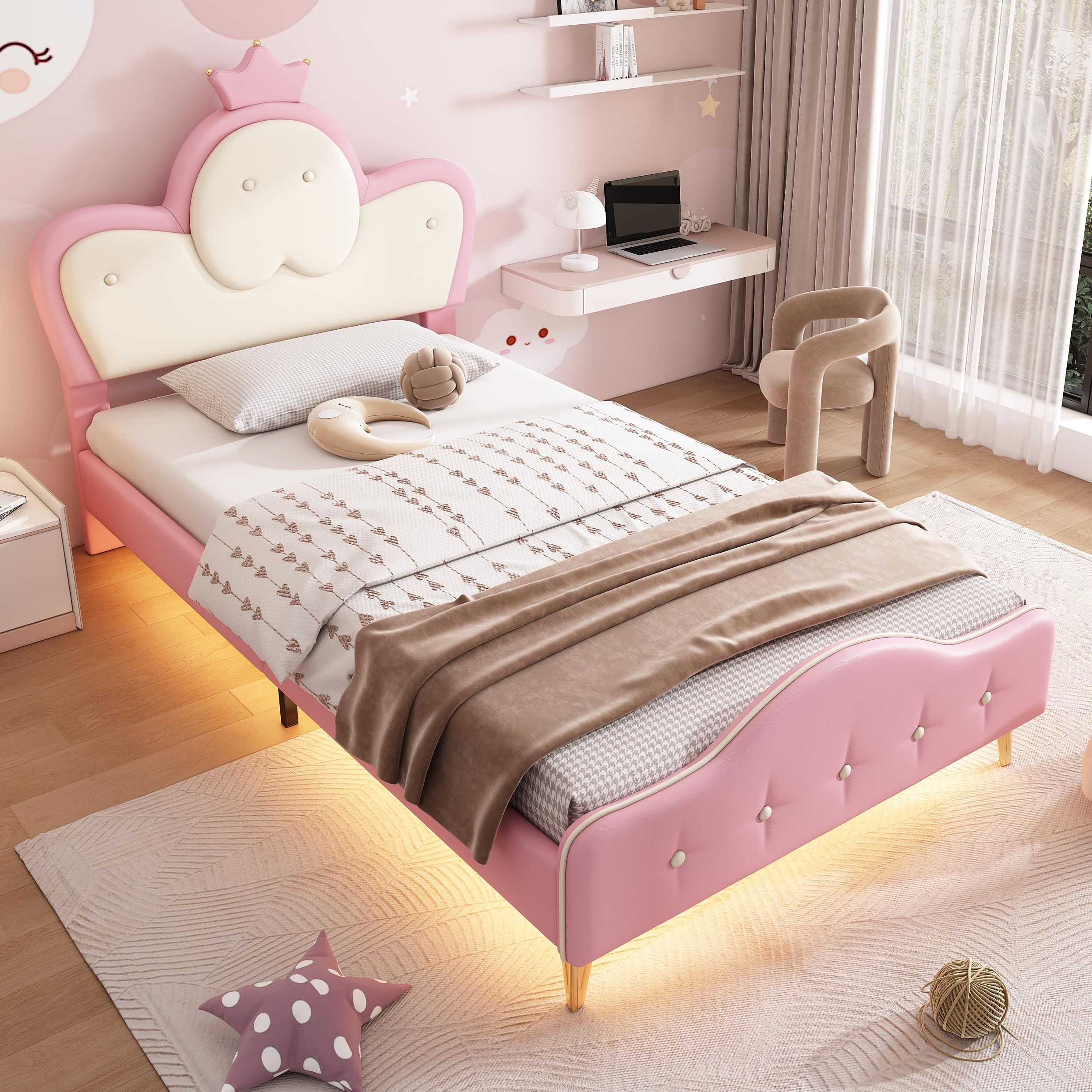 Cama tapizada 90x200 cm bicolor rosa y blanco para dormitorio juvenil con somier