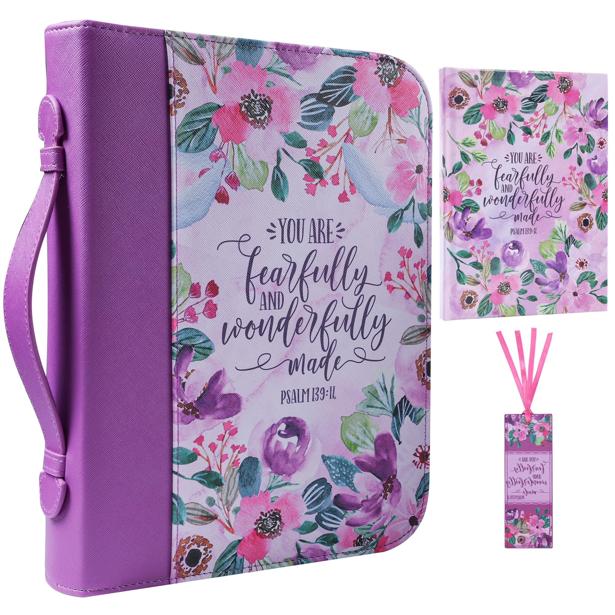 Faithful Hers Bible Cover Case for Women 3pcs Bible Bag Set with Notebook and Bookmark Woman PU Leather Book Carrying Case for Lady Bible Case