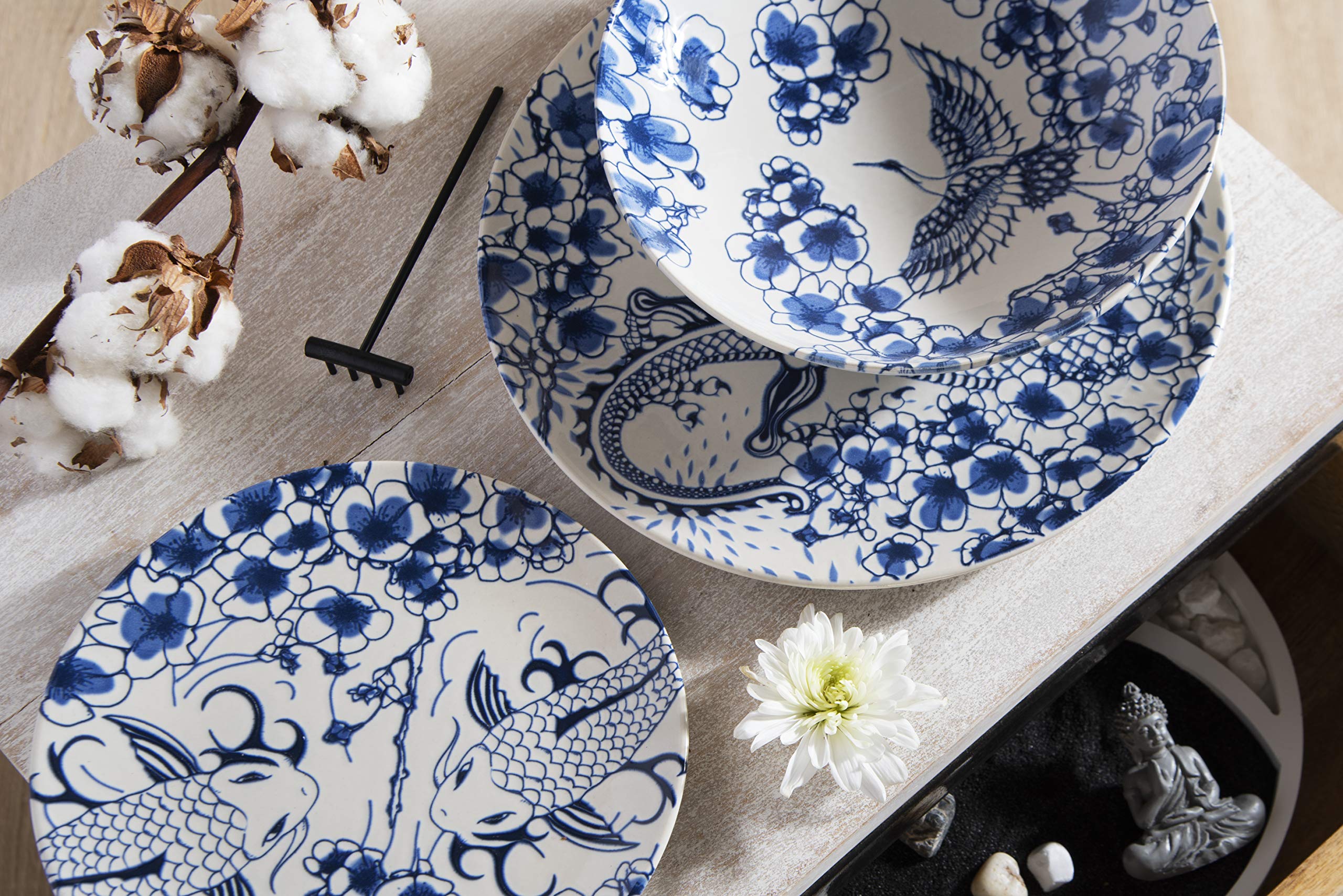 Excelsa Zen Servizio Piatti 18 Pezzi, Ceramica, Bianco e Blu