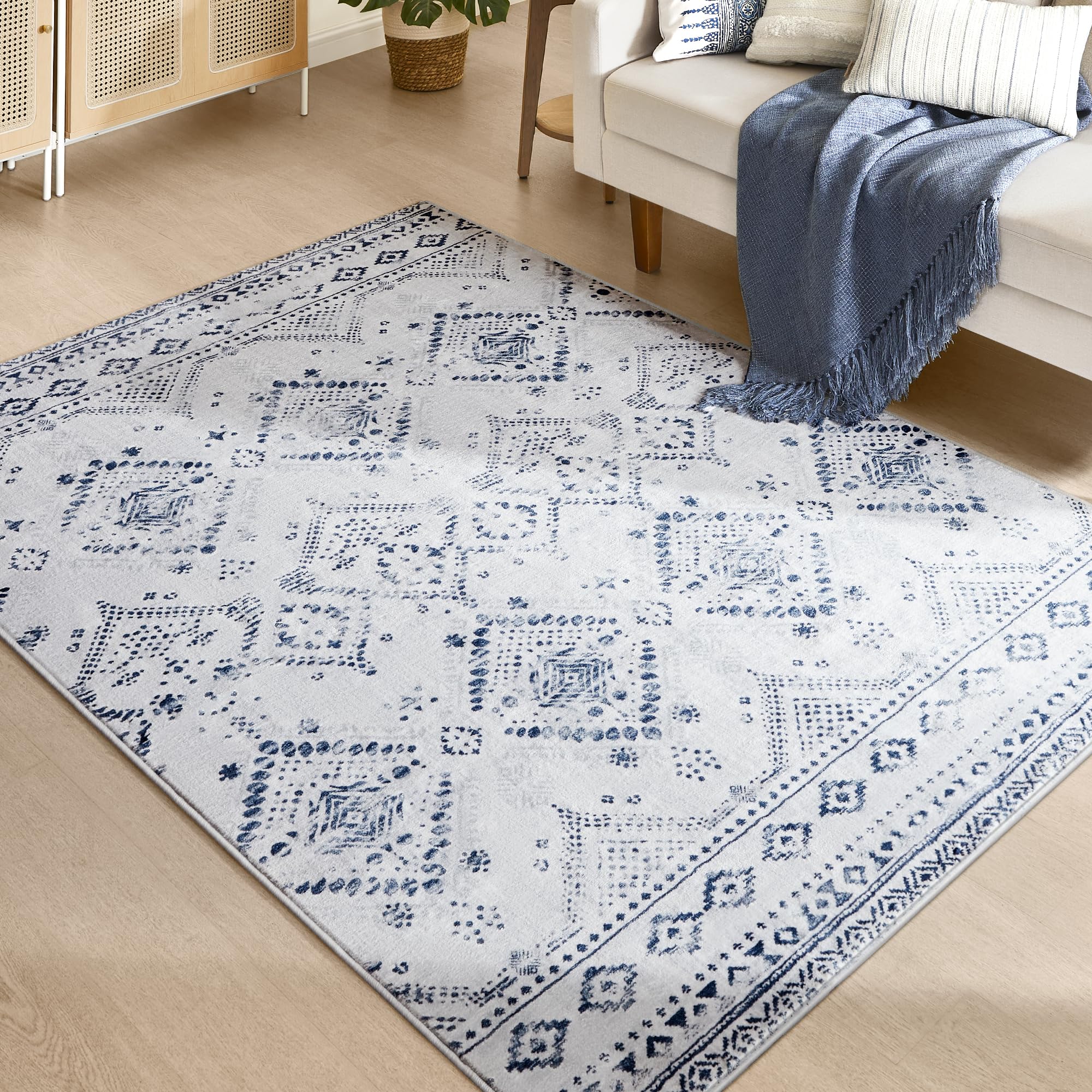 SONGMICS HOME Alfombra, 153 x 214 cm, Alfombra Antideslizante, Decoración del Hogar, para Salón, Dormitorio, Lavable a Máquina, Estilo Moderno, Azul Medianoche TAR023Q01V1