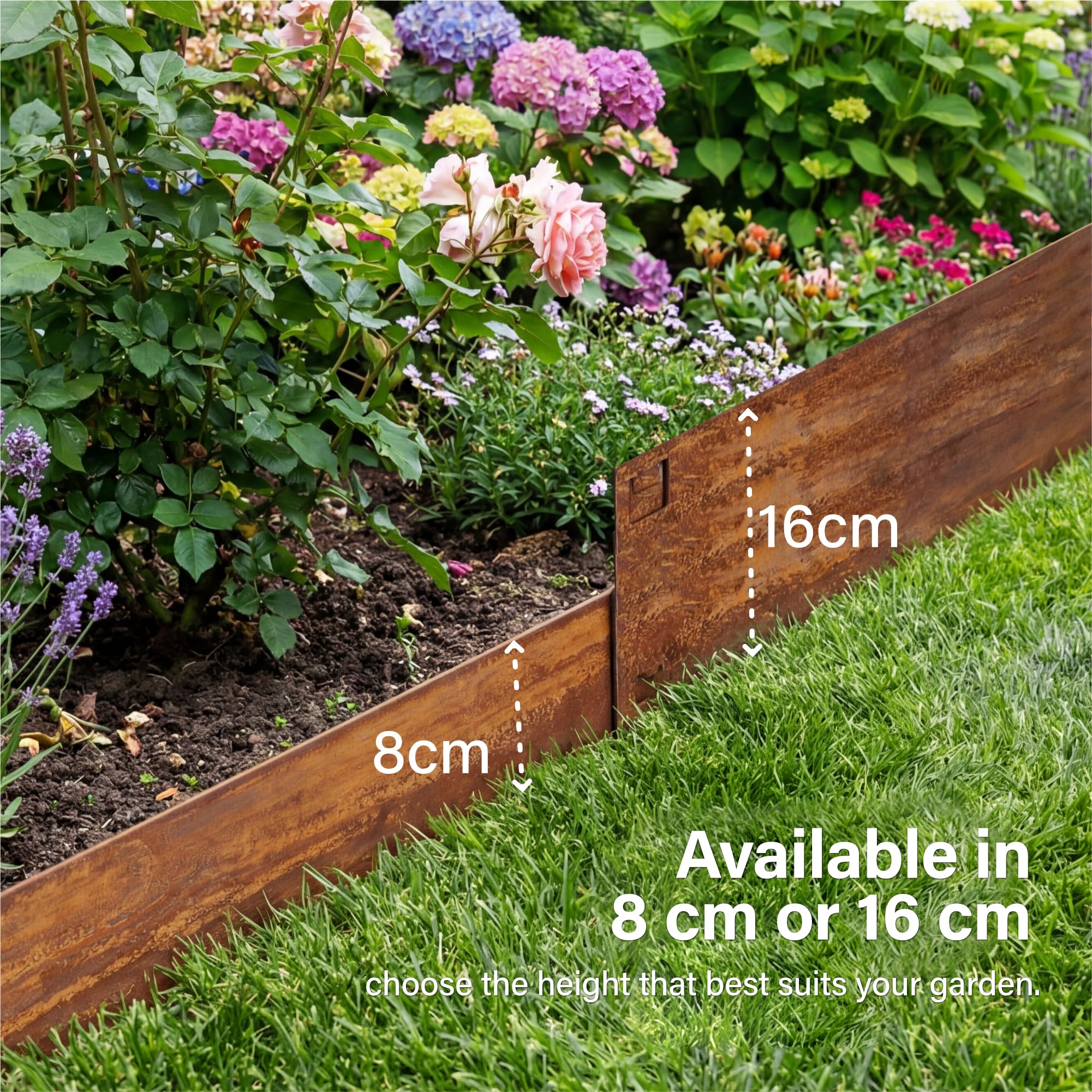 5M Lawn Edging Border, Heavy Duty Corten Steel Garden Edging Strip, Flexible Lawn & Pathway Metal Edging Border for Landscaping, Easy to install - 8cm Face Height, Rust — view 6