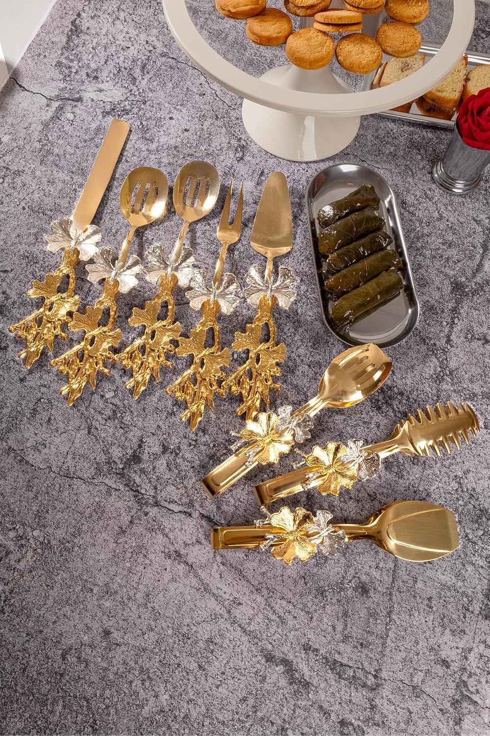Serving Set 8 Piece Gold Butterfly Handle Stainless Steel Salad Servers Tongs Utensils for Parties, Catering, Home - Gold