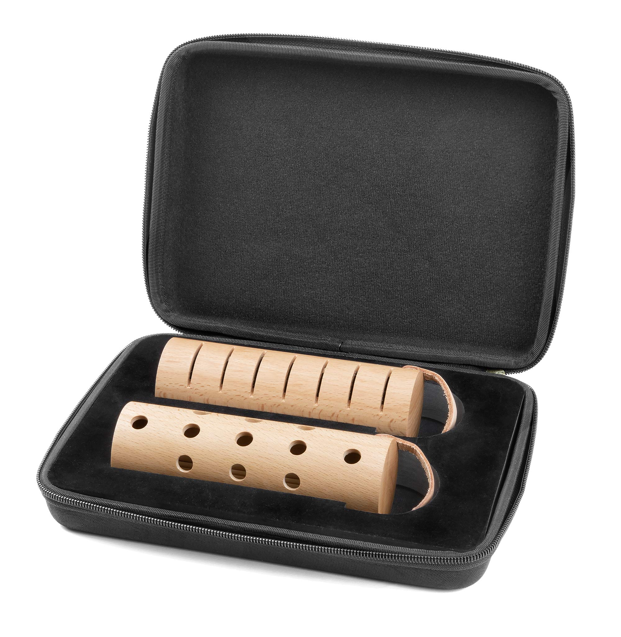 Tube Shaker Set Percussion Caxixi Hybrid Instrument para sonidos innovadores (15 x 5 cm, madera de haya, soporte de piel, incluye funda), color marrón