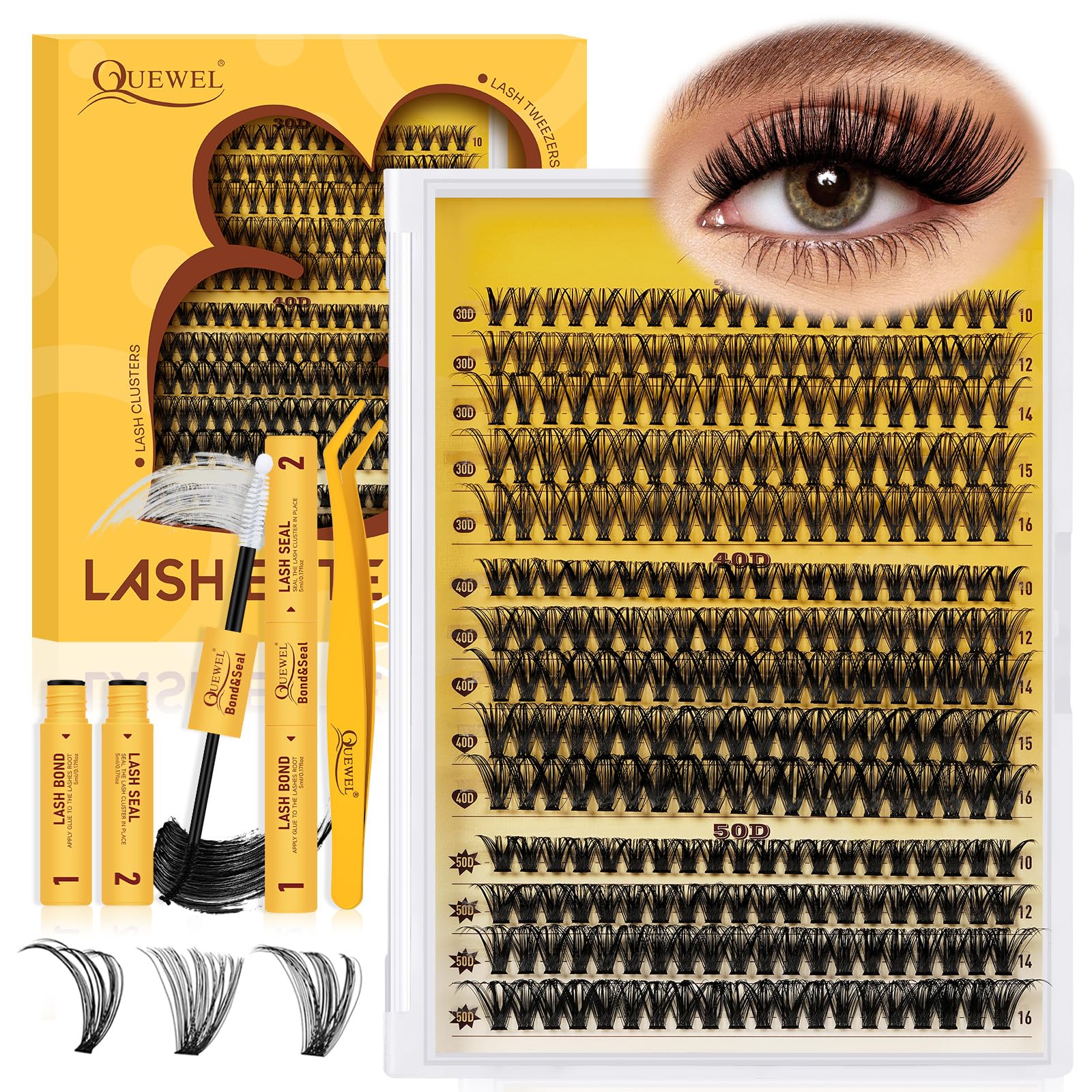 QUEWEL Clusters-Lashes Kit 30+40+50D Lash Clusters Mixed 10-16mm