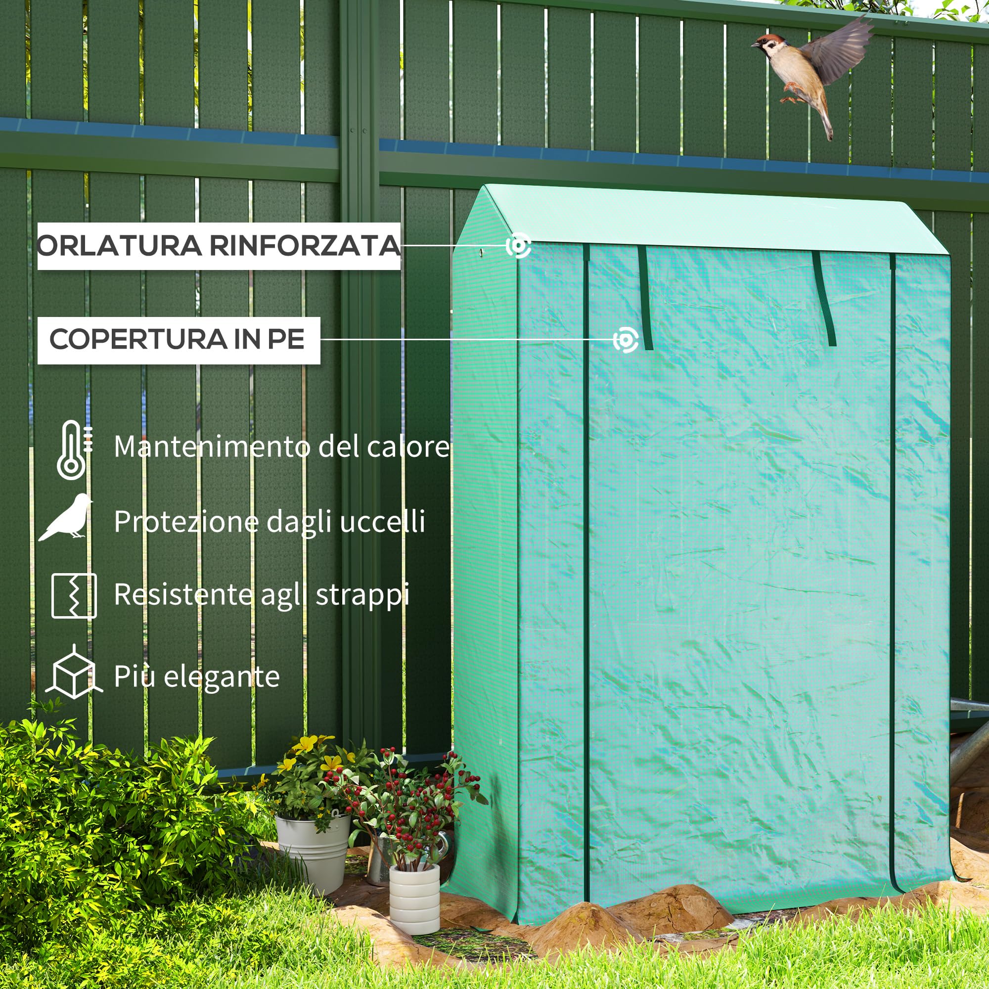 Outsunny Serra da Balcone per Orto 3 Livelli Anti UV 100x40x150 cm Verde | Porta a Cerniera Avvolgibile, 8 Fibbie di Plastica, Serra da Giardino in Acciaio e PE, per Piante Fiori e Verdure