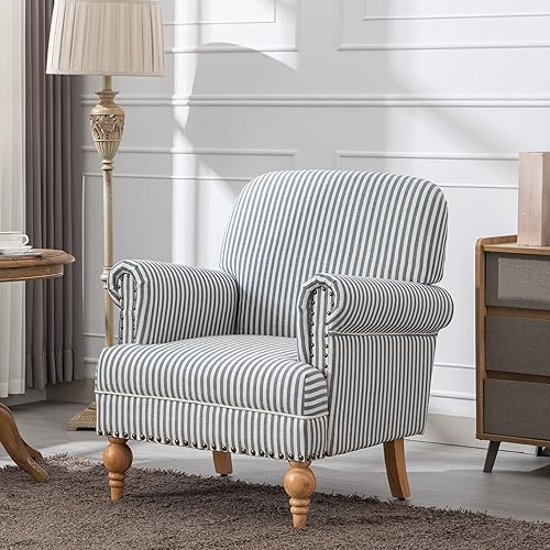Miniatura 2 de DM-Furnitue - Sillón ancho moderno de lino, cómoda silla de lectura, silla tapizada, sofá individual para dormitoriosala de estar, beige con rayas