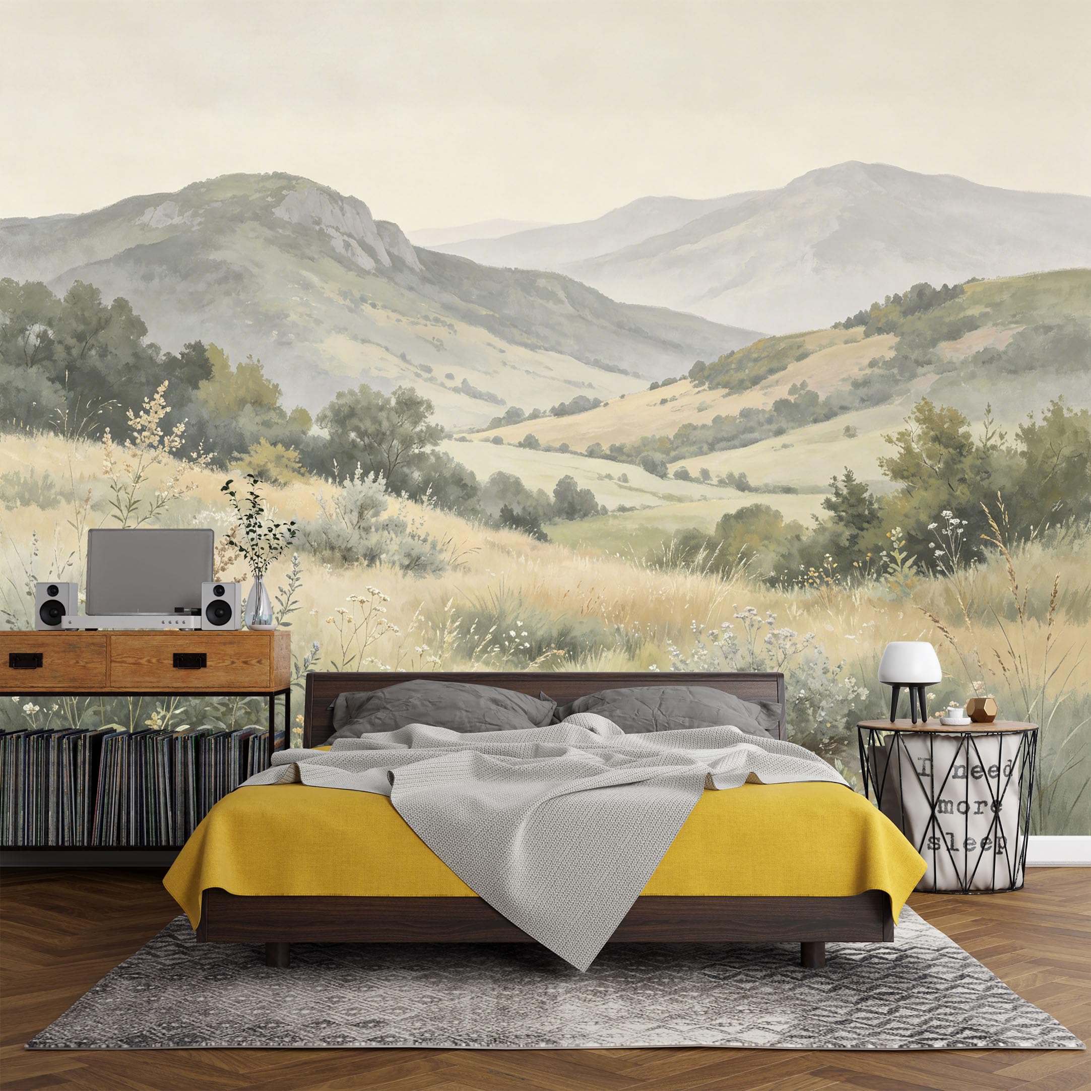 Custom Size Wall Mural， Landscape Mountain Valley Meadow Watercolor Pastoral Scene，SelfAdhesive Art Prints wall Fabric(No PVC) Removable Wallpaper Living Room Decor