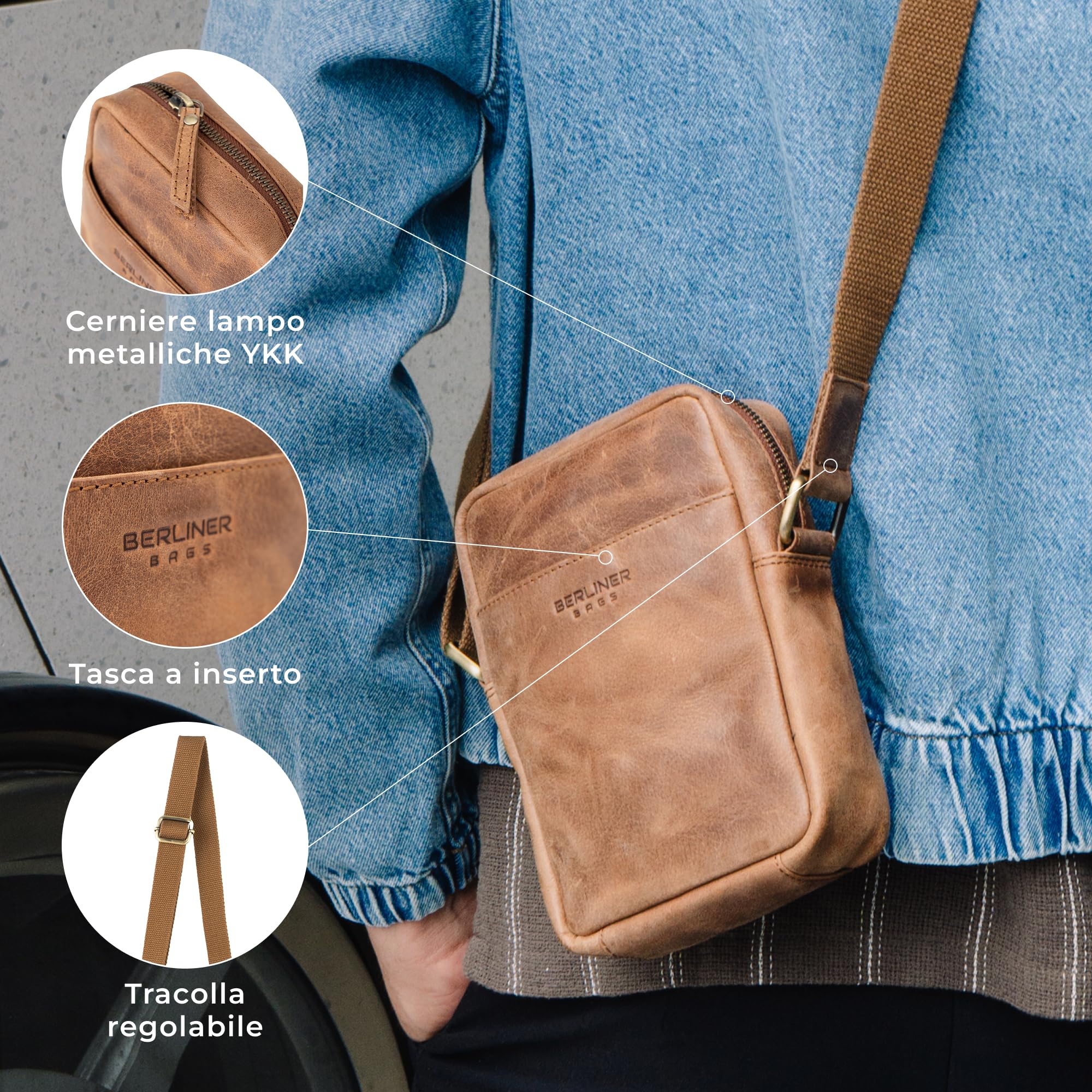 Berliner Bags Borsa a Tracolla Tom in Vera Pelle, Formato Compatto per Uso Quotidiano e Viaggi, Uomo