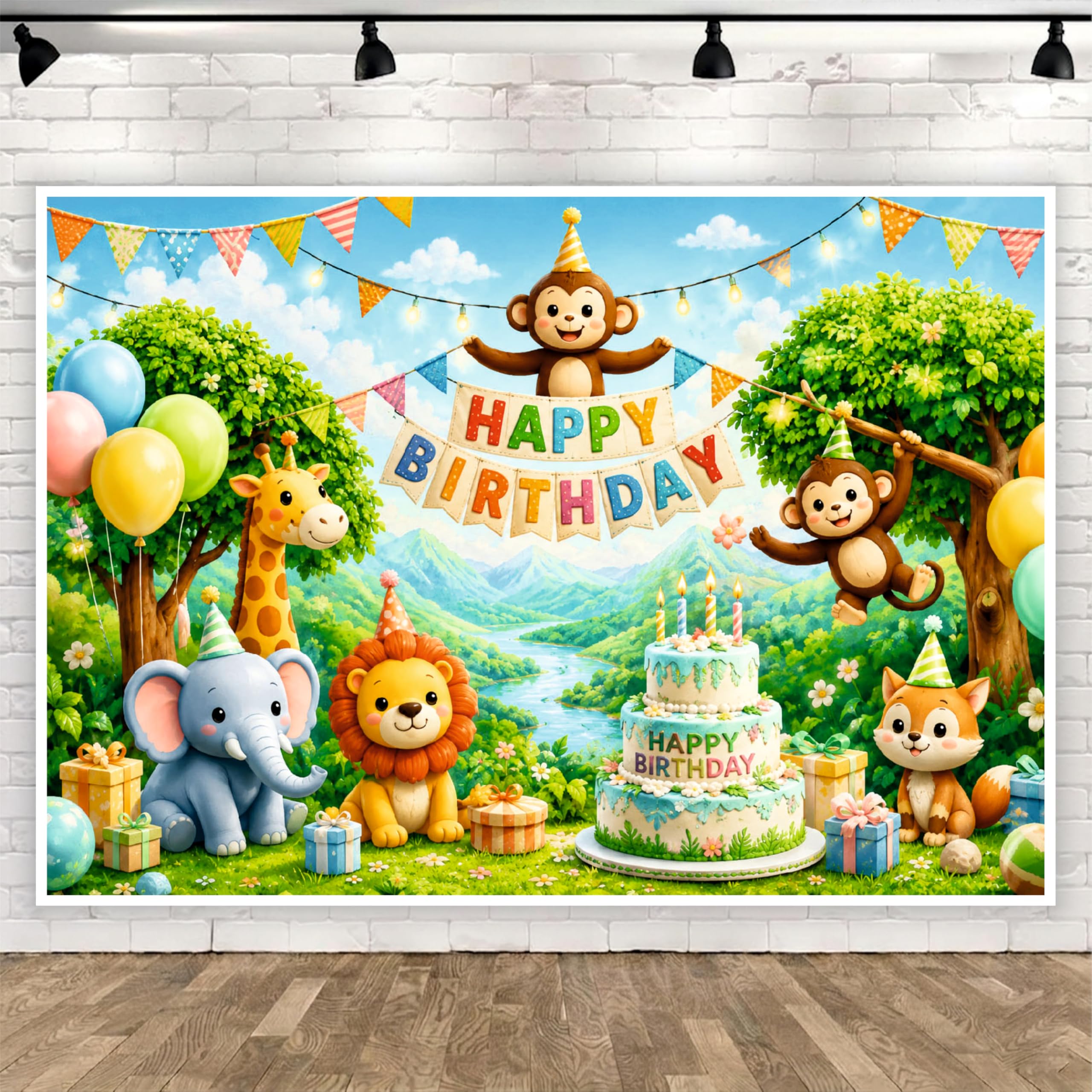 jungle theme happy birthday backdrop 8x5 ft for kids party decoration, birthday banner background for girls & boys, cake table decor, photo booth photography backdrop