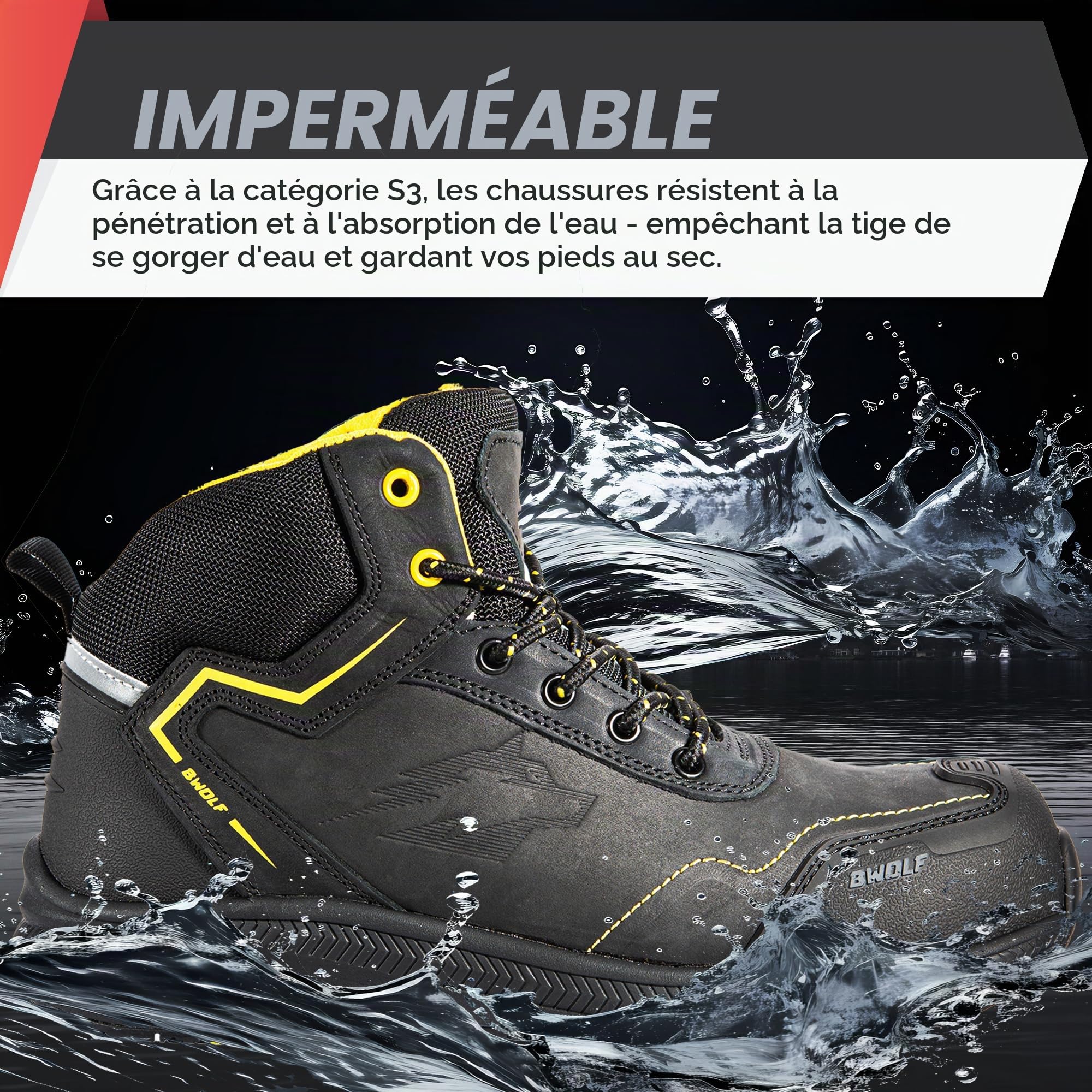 BWOLF Phoenix S3 Chaussures de Sécurité Hommes S3 Hi Nabuk Imperméables Antidérapantes 4 x 4 Grip Tech Semelles Ergo Noir, Jaune, Bleu Nuit Taille 45 EU