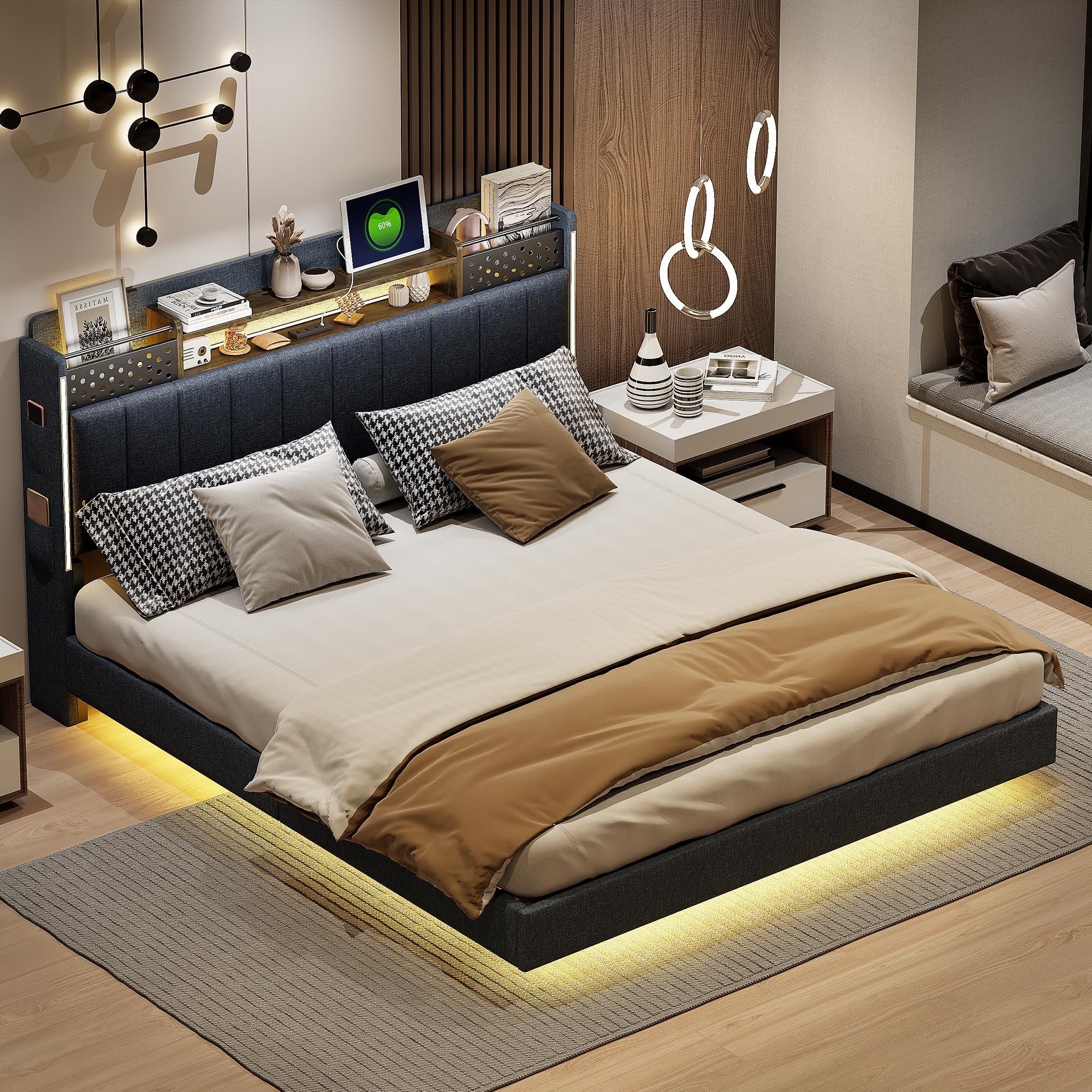 letto imbottito testiera con contenitore letto galleggiante con illuminazione LED e presa USB per adulti tessuto lino letti matrimoniale con rete doghe per ospiti senza materasso grigio 160x200