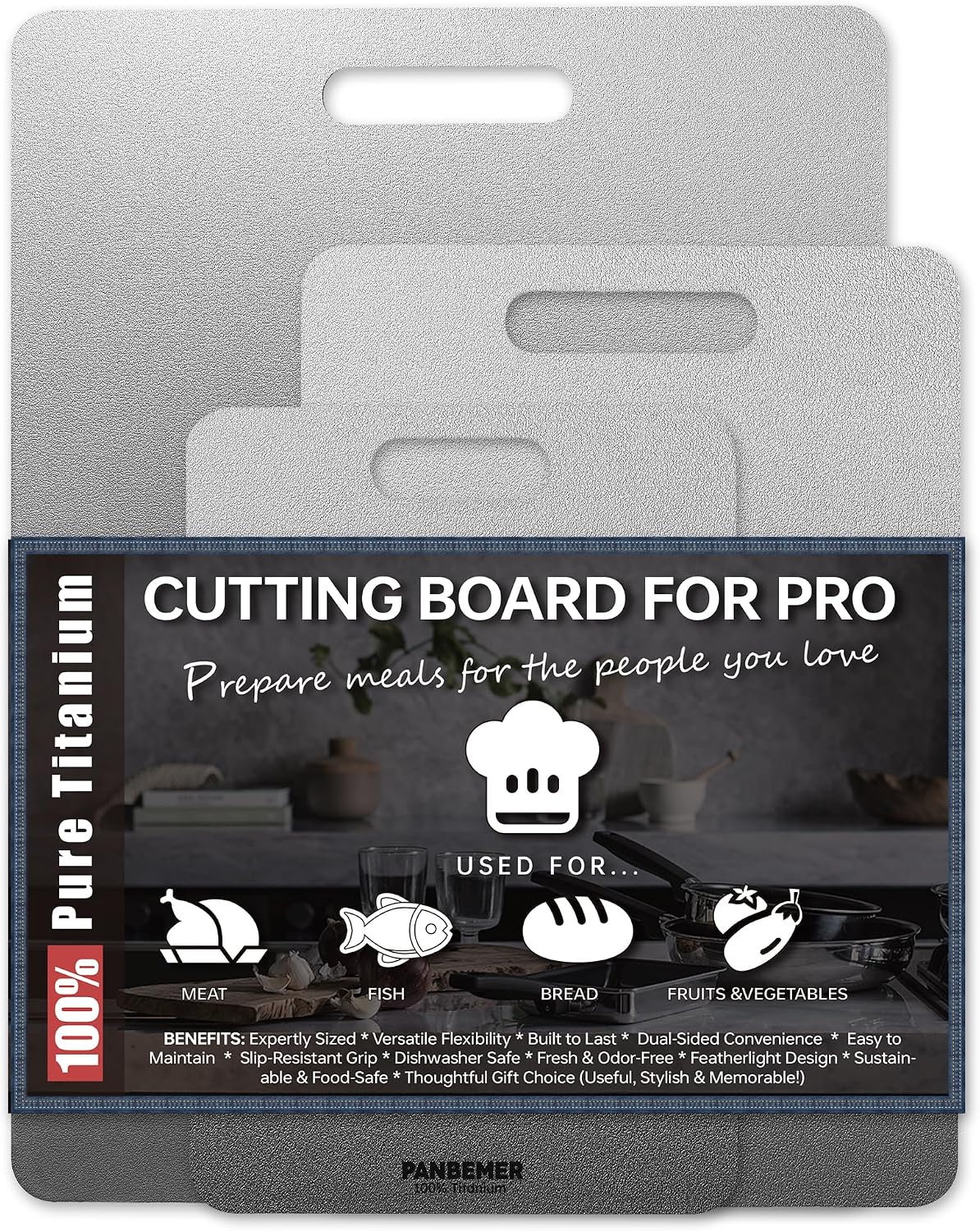 titanium cutting boards for kitchen, set of 3 food grade 100% pure titanium double-sided chopping boards, non-toxic, dishwasher safe, easy to clean – 10", 12", 16" 3pc