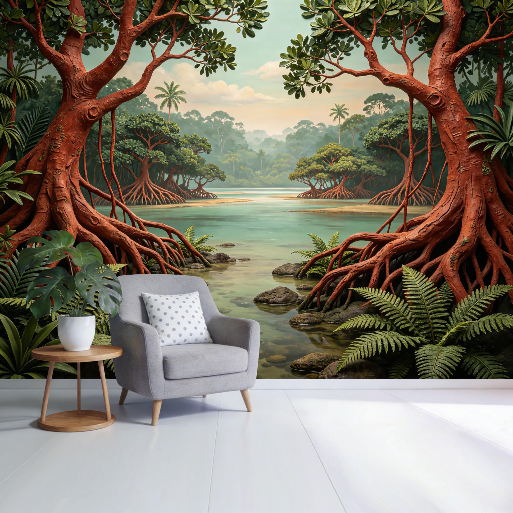 Custom Size Wall Mural Tropical Mangrove Forest River Landscape with Red Roots and Green Ferns SelfAdhesive Wall Fabric Removable Wallpaper for Home Office Decor