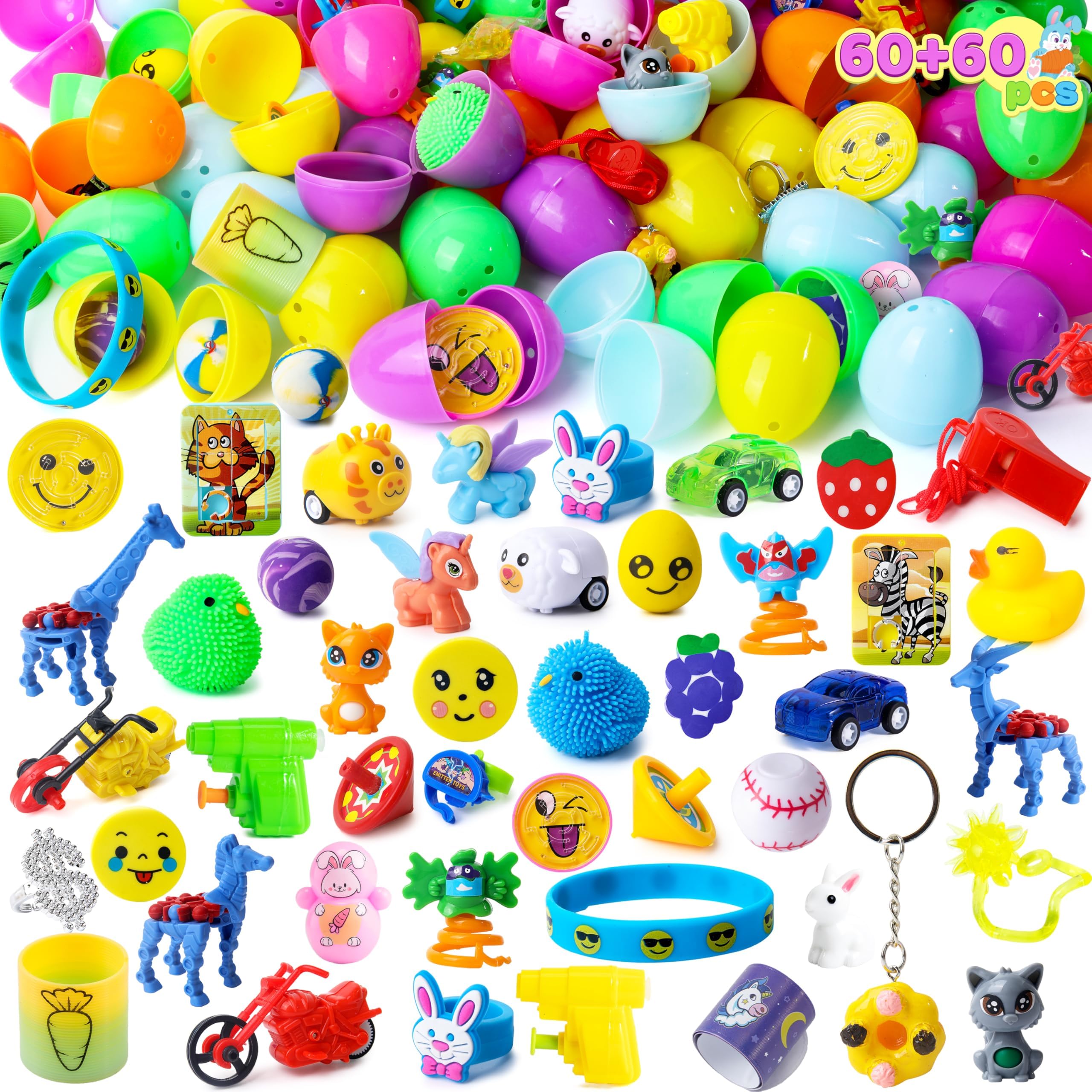 JOYIN 60Pcs Easter Eggs with Toys Stickers Inside, Prefilled Easter Eggs Hunt with Assorted Toys for Kids Boys Girls, Basket Stuffers Filler, Party Favors, Classroom Exchange