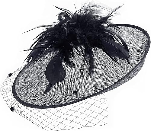 RETRONLY White Fascinator Hats for Women - Sinamay Fascinator with Veil Feather Tea Party Derby Hats Pillbox Hat Headband