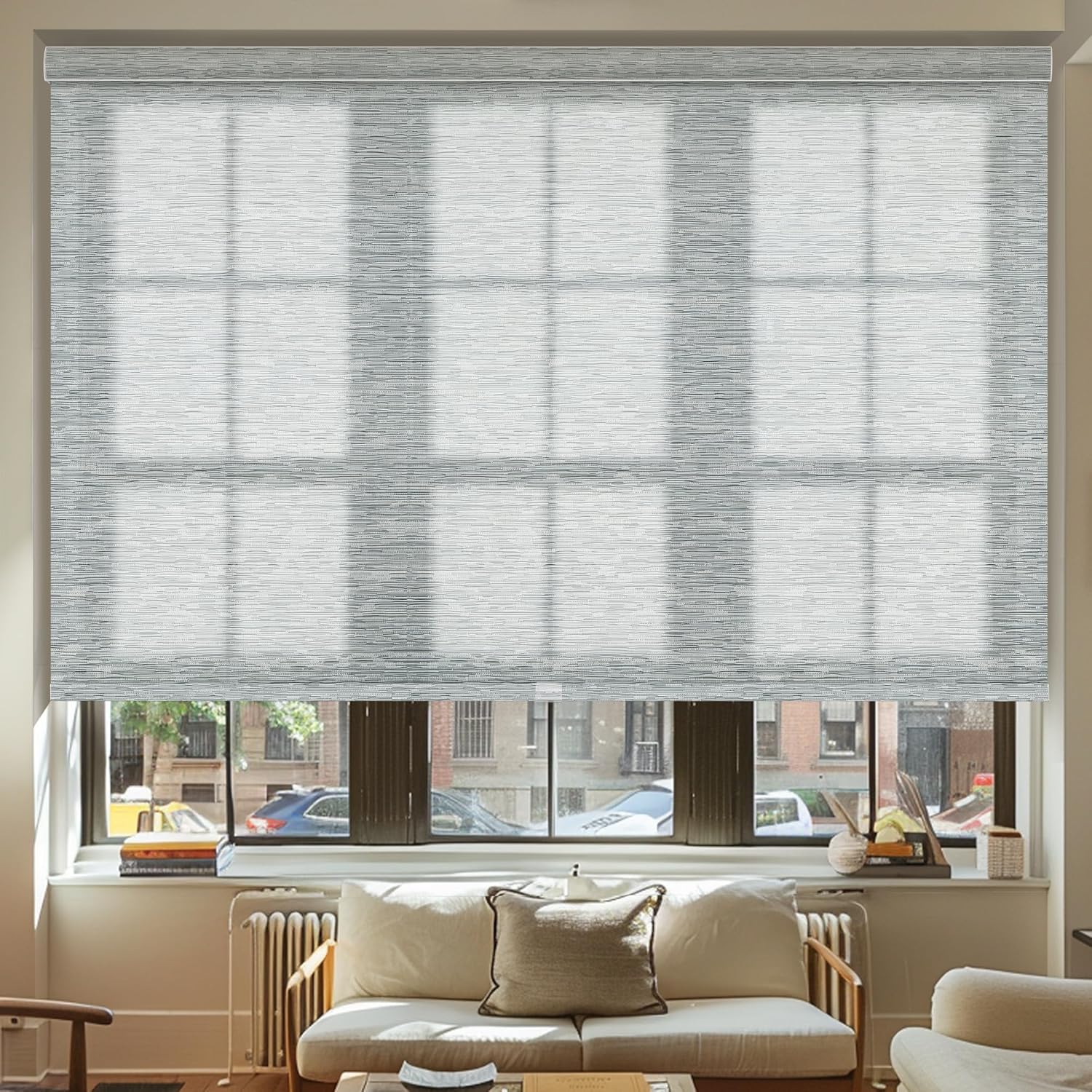 SEEUNANA Roller Shades Cordless for Windows with Jacquard Fabric Cassette Valance