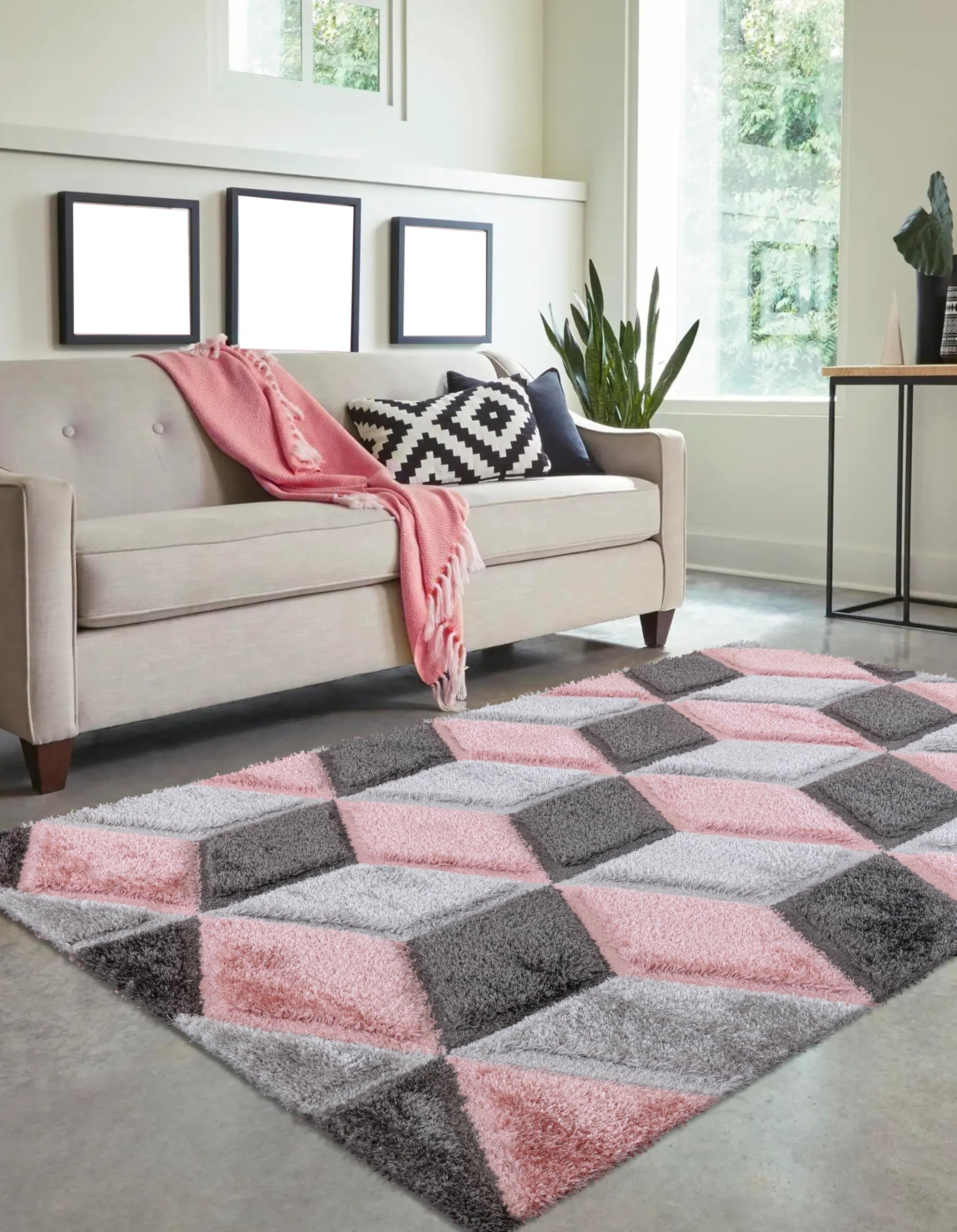 Modern Geometric Area Rug Soft Shaggy 3D Cube Pattern Carpet for Living Room, Bedroom, Easy-Care Floor Mat Multiple (Pink, 200 cm × 290 cm = 6.56 ft × 9.51 ft)