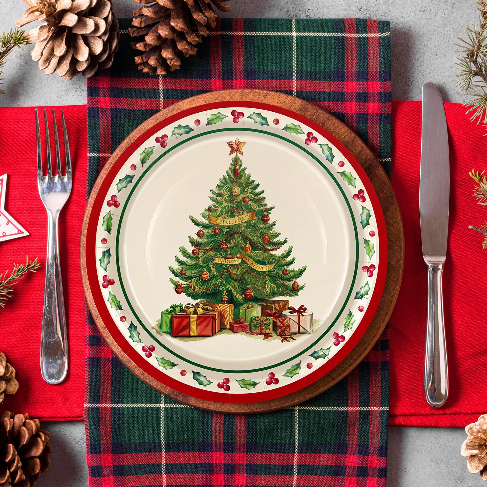 JarThenaAMCS 50 platos de papel de Navidad de 9 pulgadas, platos desechables vintage para árbol de Navidad, platos desechables para Navidad, fiesta de invierno, suministros de vajilla