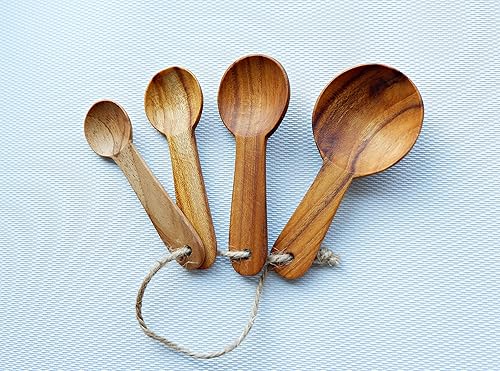 Miniatura 2 de 1shopforyou Juego de 4 cucharas medidoras de madera de teca, este rústico hecho de madera ecológica