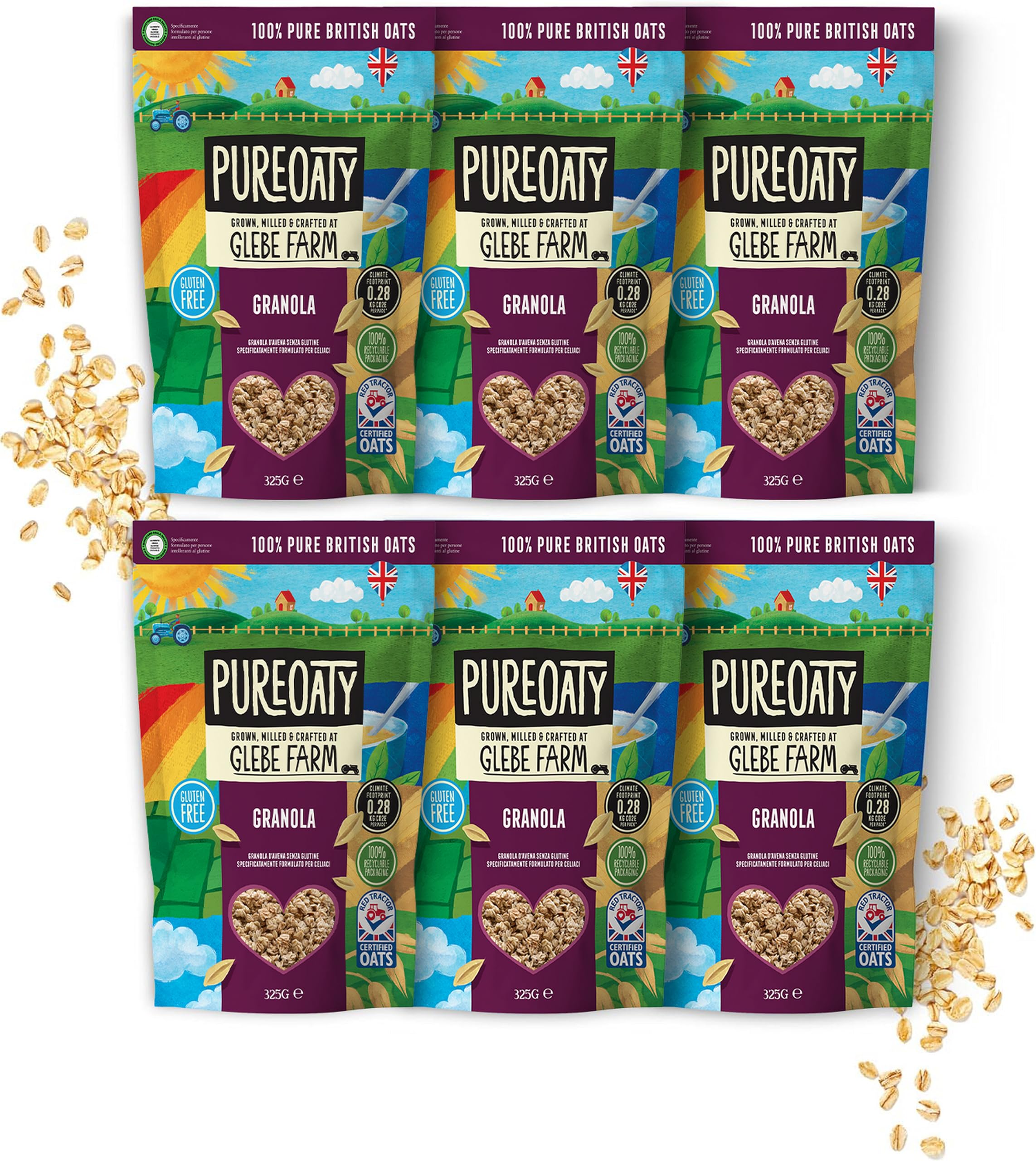 Glebe Farm Oat Granola 6PK Gluten Free Healthy Wholegrain Oats Can Help Lower Cholesterol, 100% British Oats, High In Fibre, Delicious Granola Cereal, Protein Cereal With Honey, 6x 325g