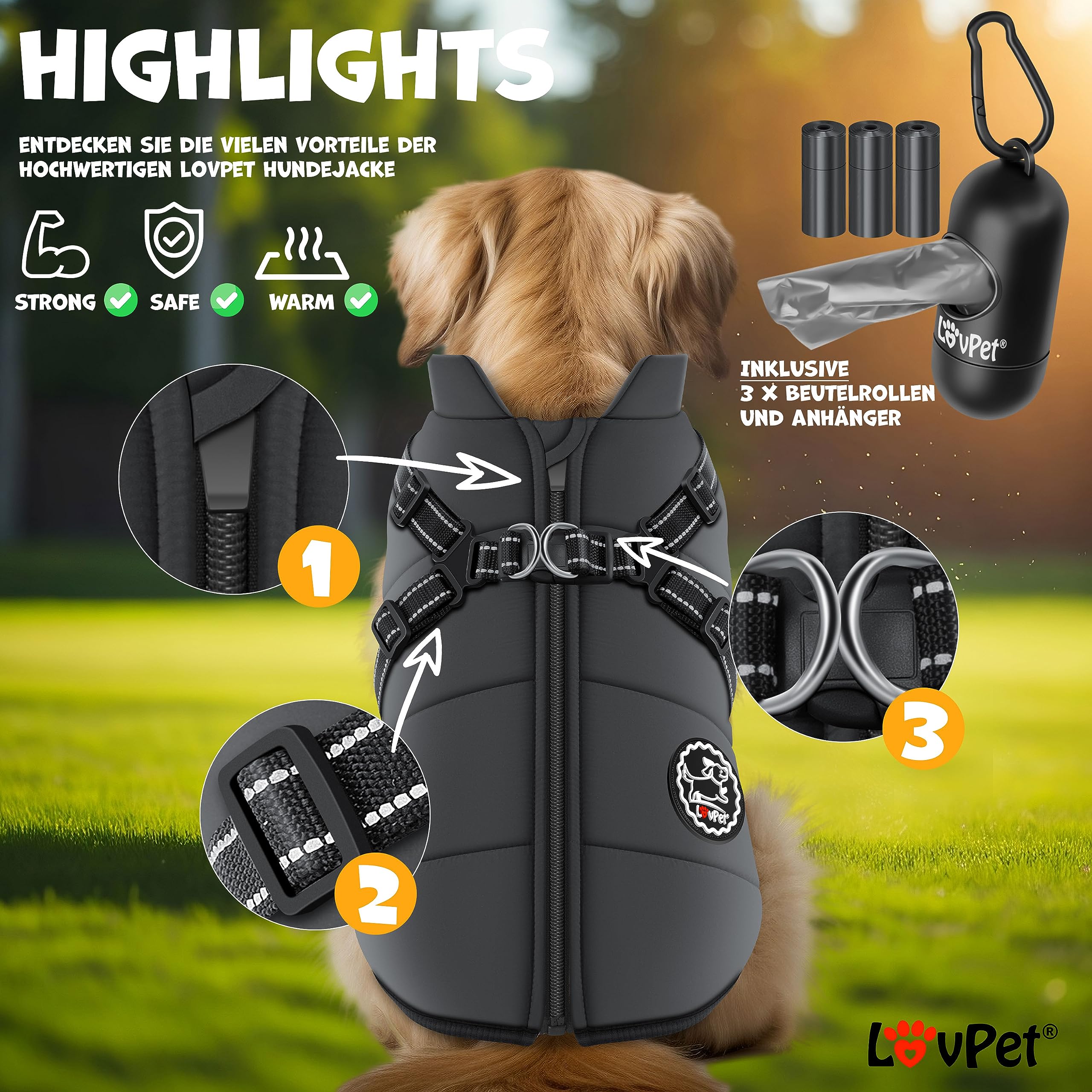 Lovpet® Giacca per Cani con Pettorina, con 45 Sacchetti per Escrementi + Dispenser per Cani, Gilet Invernale Imbottito, Impermeabile, con Cintura Toracica, riflettori, Anello a D XL, Antracite