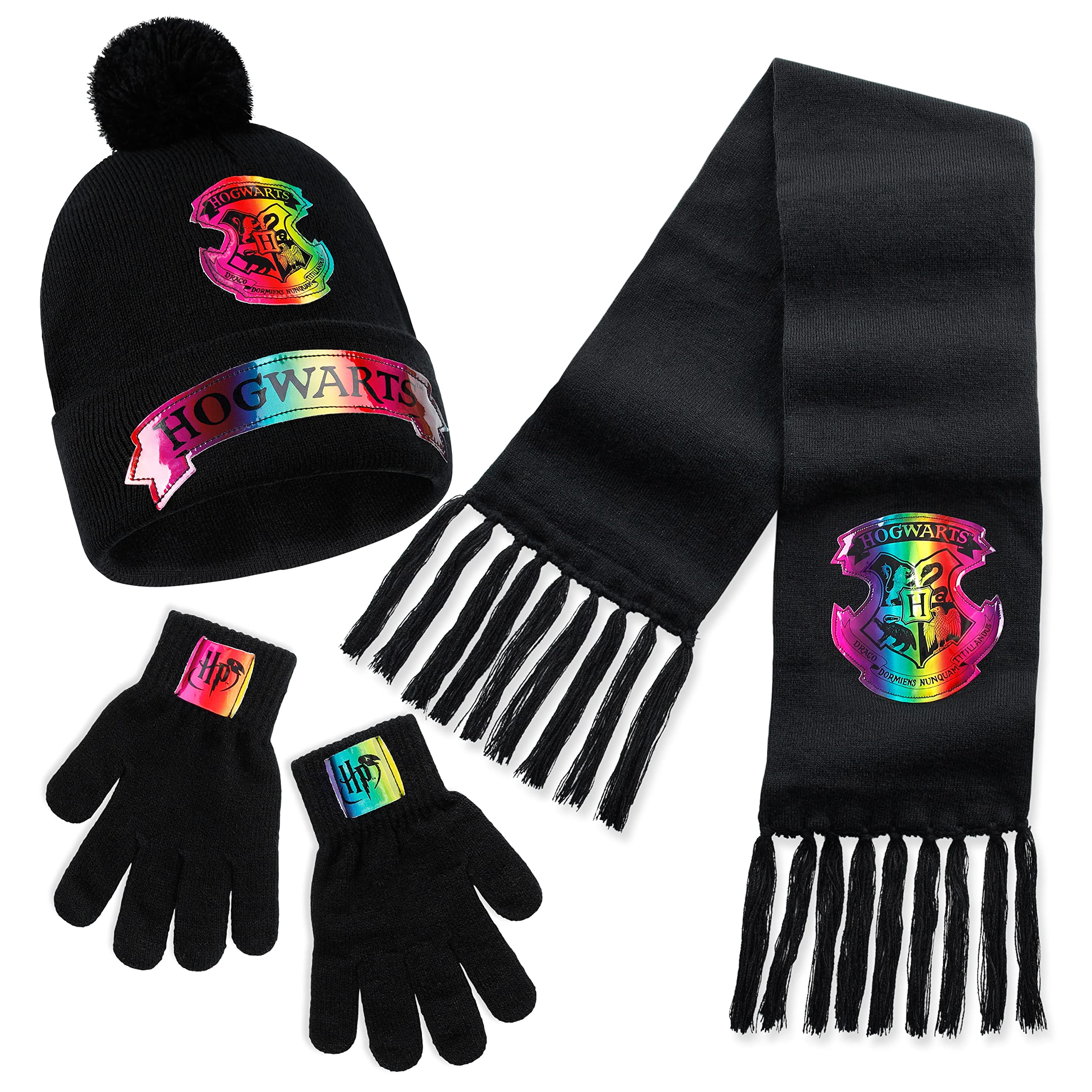 Harry Potter Girls Black Gloves Scarf & Beanie Hat Set For & Teens 7-14 Years, 3 Pcs Warm Winter Accessories Set, Gifts For