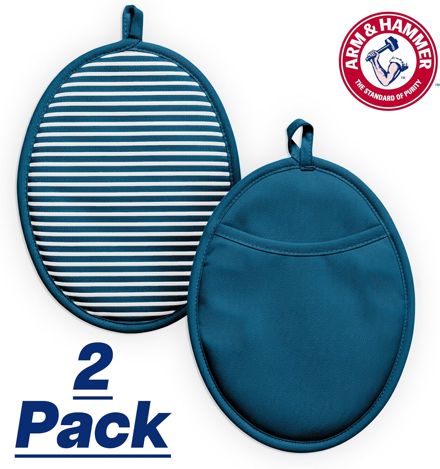 Arm & Hammer Striped Pot Holders, Heat Resistant, Non-Slip Silicone Grip, 2 Pack, Navy - Image 2