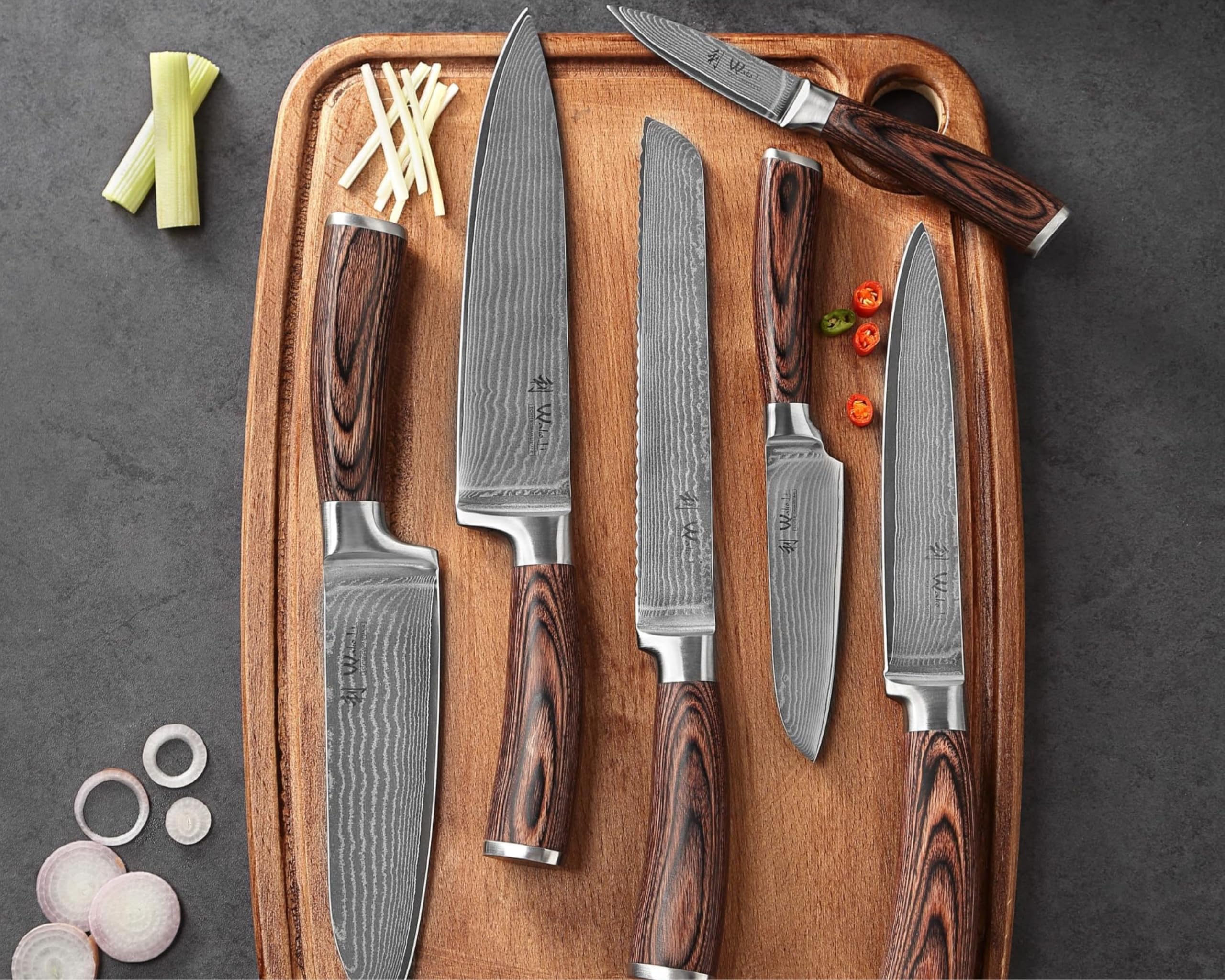 WAKOLI EDIB Set of 6 Professional Damascus Steel Kitchen Knives | With 67-layer blades, VG10 core, Pakkawood handles, left and right handed users, elegant gift box