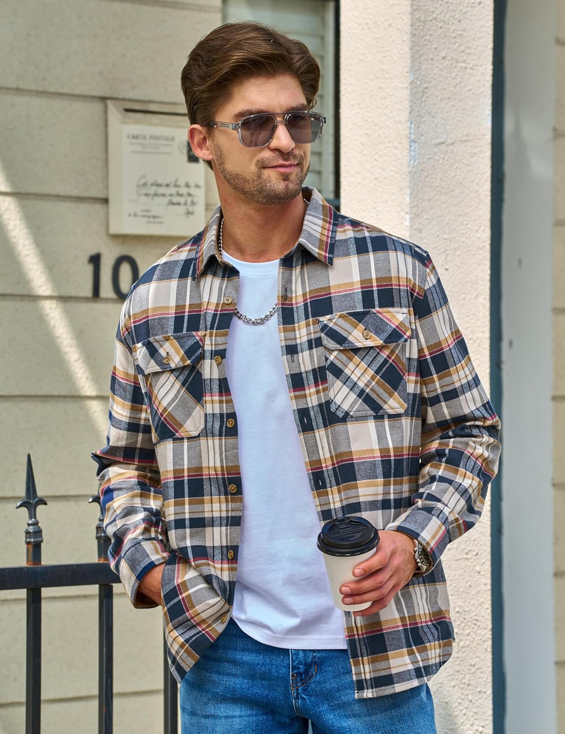 Cotrasen Mens Flannel Shirts Cotton Long Sleeve Plaid Shirts Button Down Casual Lightweight Shirts with 2 Pockets - Image 2