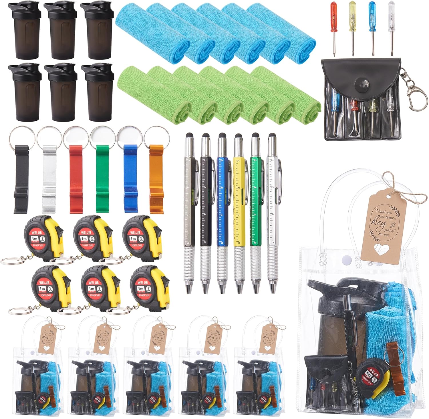 54PCS Baby Shower Prizes for Men 6 Set with Cooling Towels Protein Shaker Cup Bottle Opener Screwdriver Tape Measuring Multi Tool Pen Gift Bag Baby Shower Game Prizes for Winner Bachelor Party