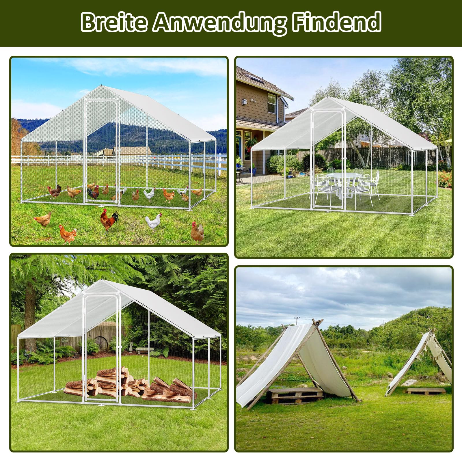 Hühnerstall Freilaufgehege,Freilaufgehege Kaninchen Verzinktem Stahl,Outdoor Hühnerhaus Spitzdach mit Schloss und Wasserdichtes PE Gewebe, für Hühner, Kleintiere & Pflanzen (3x3x2m)