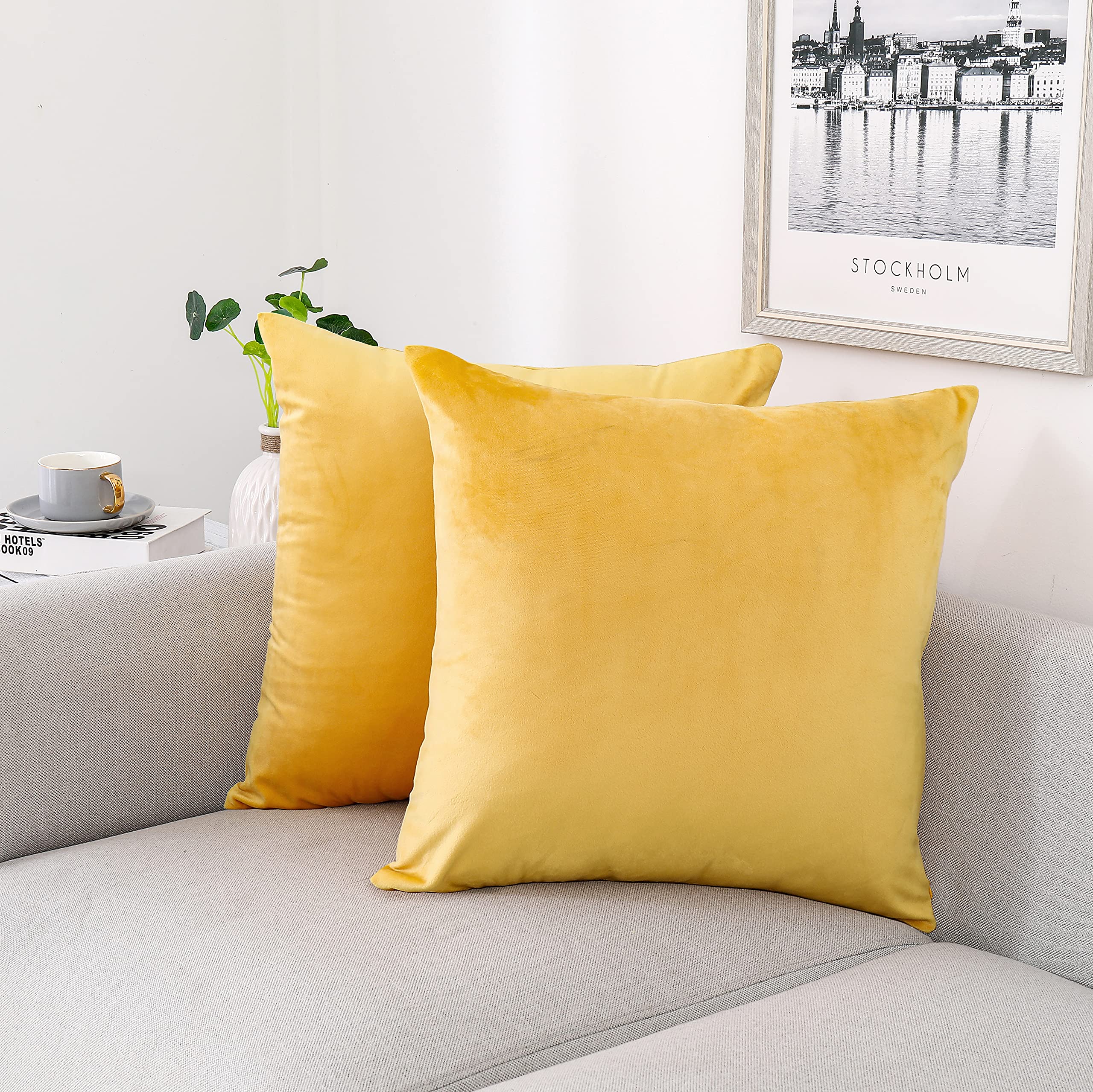 NiNi ALL Decorative Throw Pillow Covers Velvet Soft for Couch Sofa Bedroom Living Room Outdoor Pack of 2 20x20 Inch Yellow