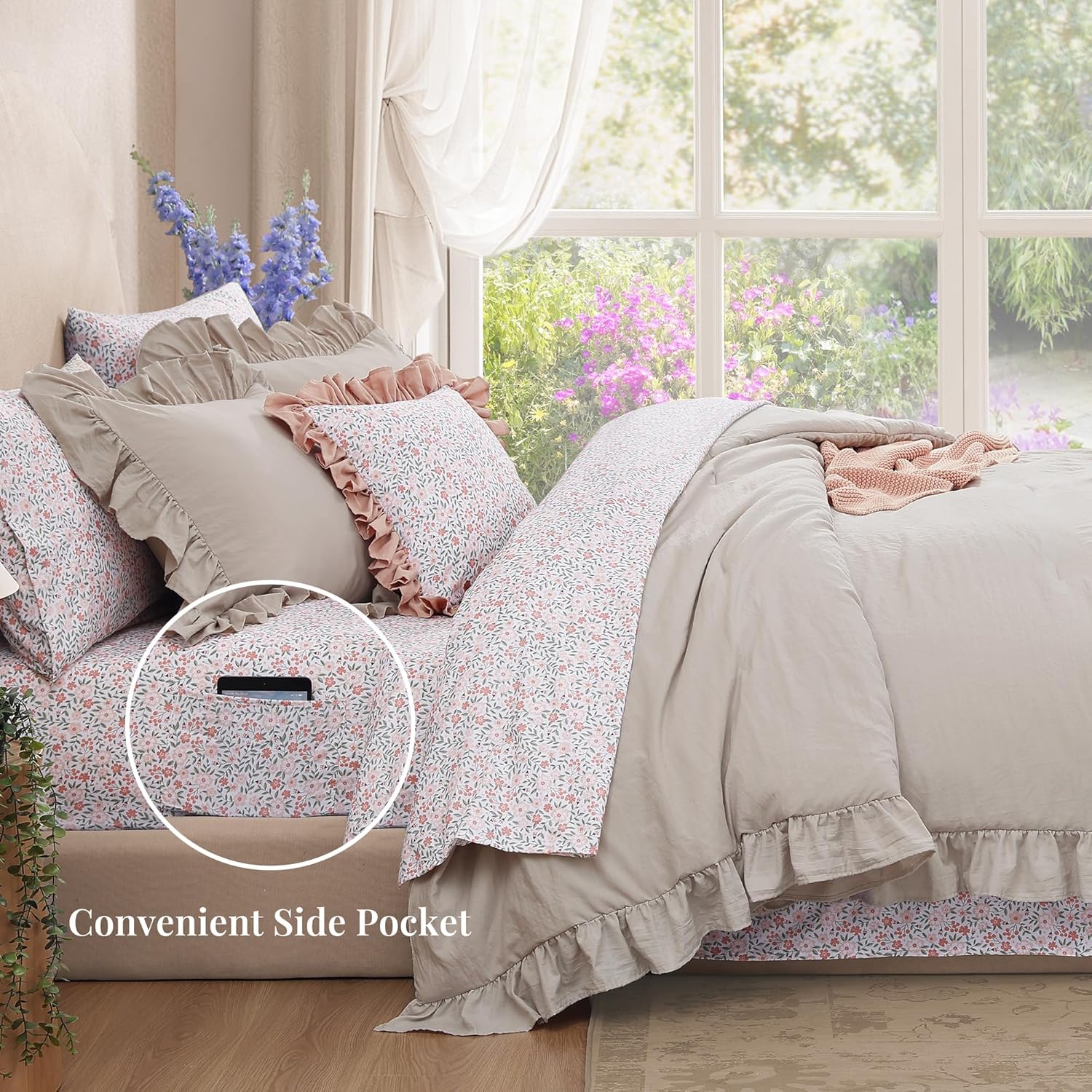 King Comforter Set - 7 Pieces Ruffle Beige Bedding Sets, Shabby Chic Farmhouse Bed in a Bag King with Ruffle Comforter, Floral Sheets, Pillowcases & Shams - Image 3