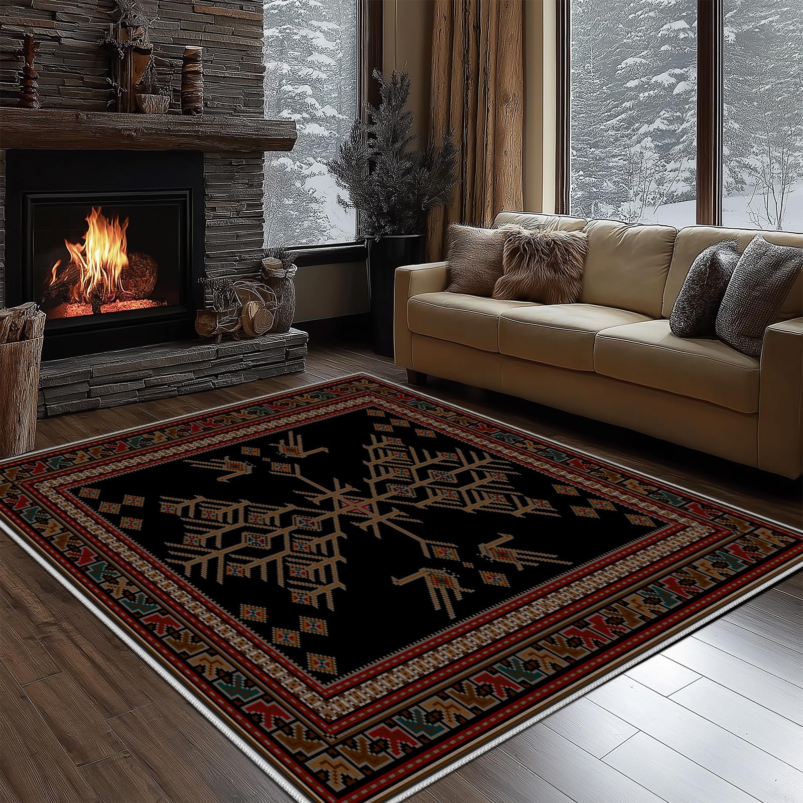 Tapis salon 160 x 230 cm géométrique bohême lavable pour chambre