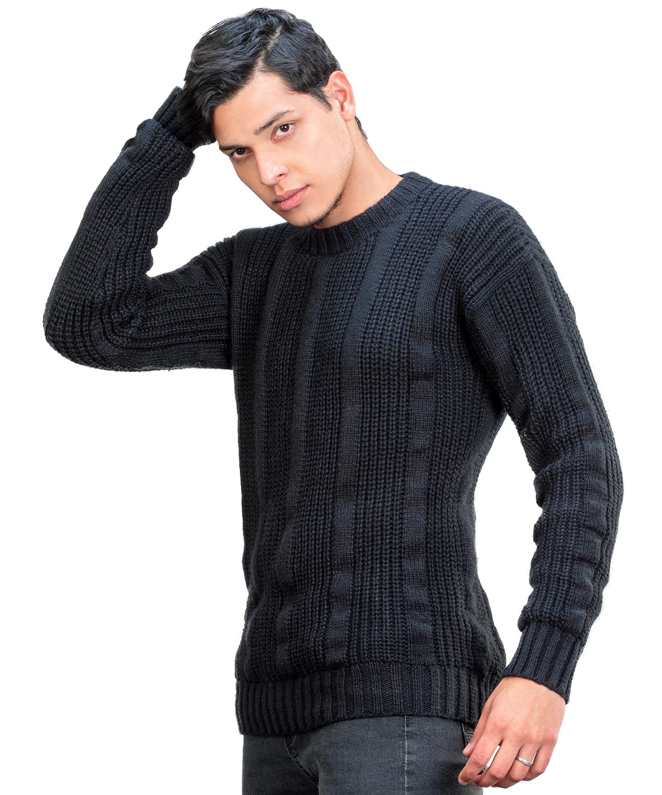 INTI ALPACAINTI ALPACA Thick Handmade Sweater for Men in Black Alpaca Wool - Winter Crewneck Pullover - Chunky Knit Jumper