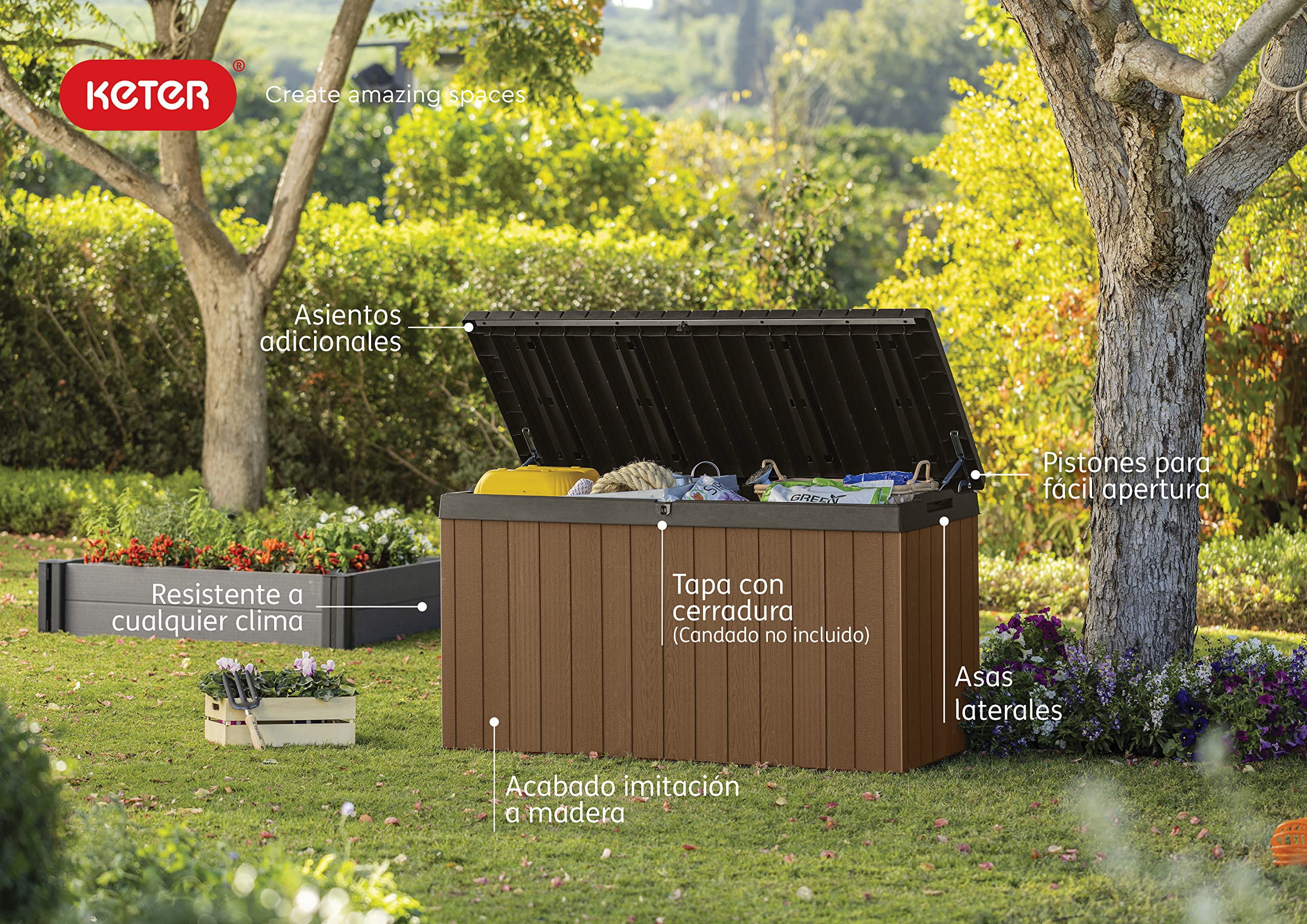Keter Darwin - Arcón Exterior, Baúl almacenaje, Capacidad 570L, Resina, Color marrón, Ordenación jardín y terraza, 65.3 x 142.5 x 78.2 cm