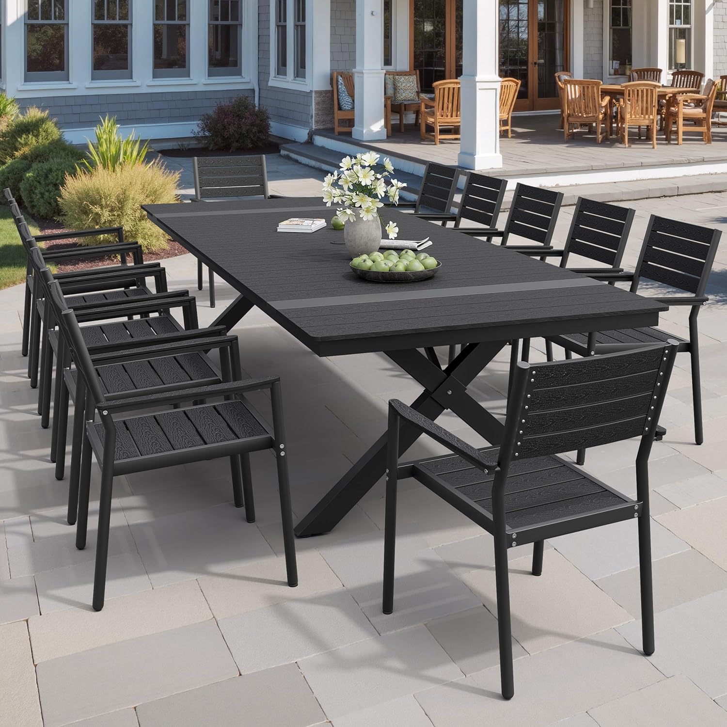 Pellebant 13 Piece Patio Table and Chairs Set for 12, Aluminum Outdoor Dining Set with Umbrella Hole, Stackable Dining Chair & 118" Dining Table, Black
