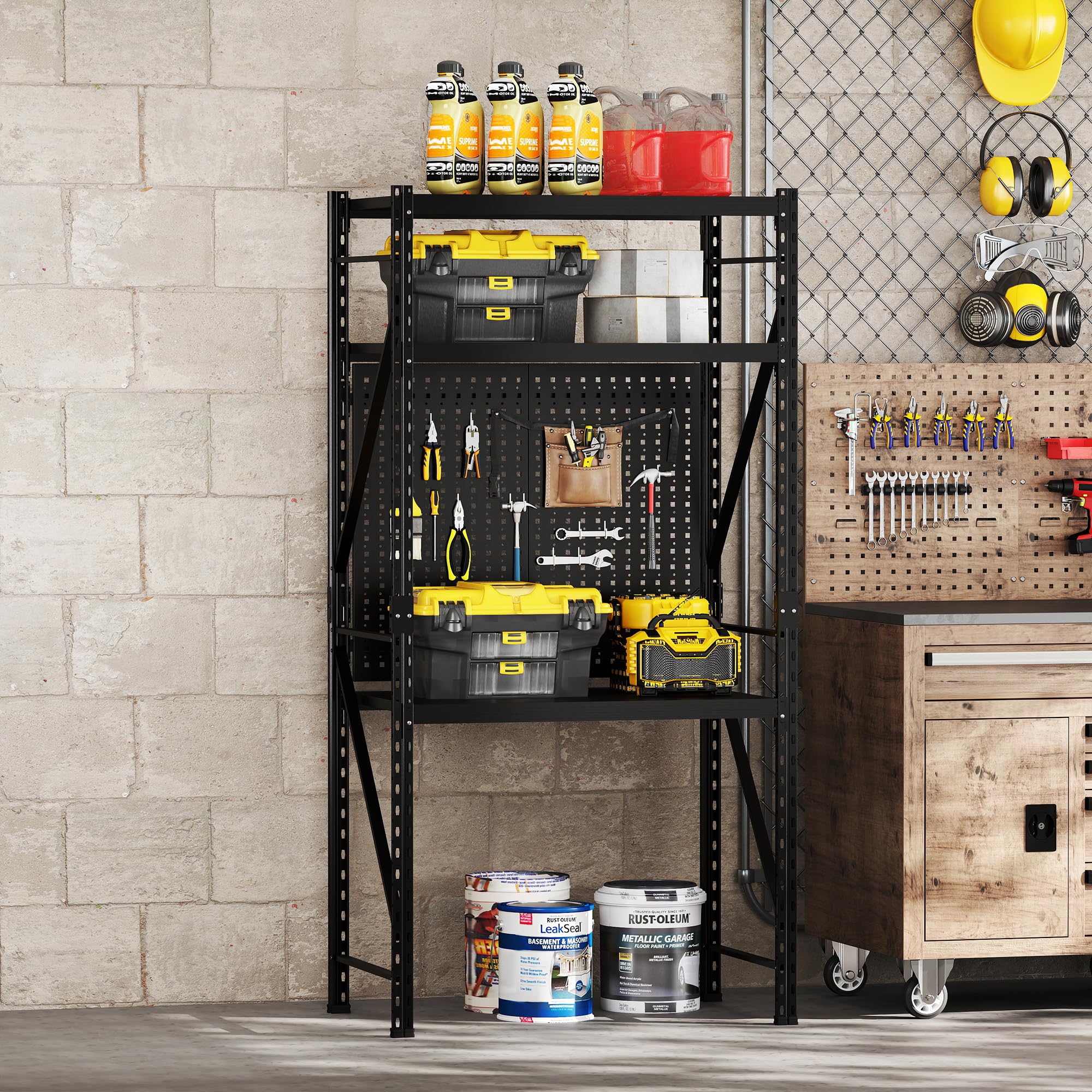 FlexiSpot Werkbank & Schreibtisch mit Regal und Lochwand – Stabiler Werkzeugtisch, bis 200 kg belastbar, vielseitig nutzbar in Werkstatt, Büro, Lager oder Zuhause (Schwarz)