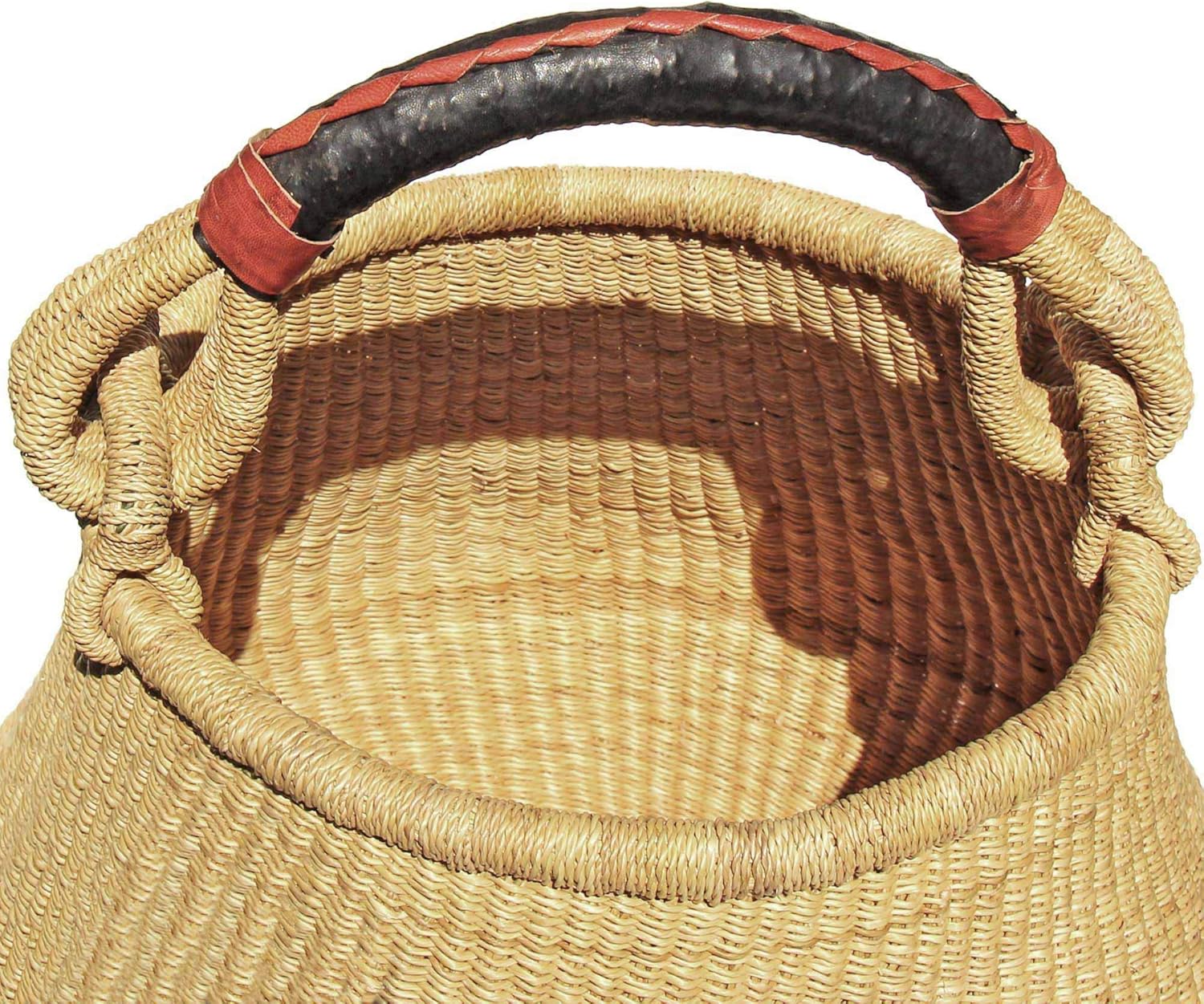 Global Crafts Hand Wove Bolga Pot Basket, Made in Ghana, Natural with Neutral Handle