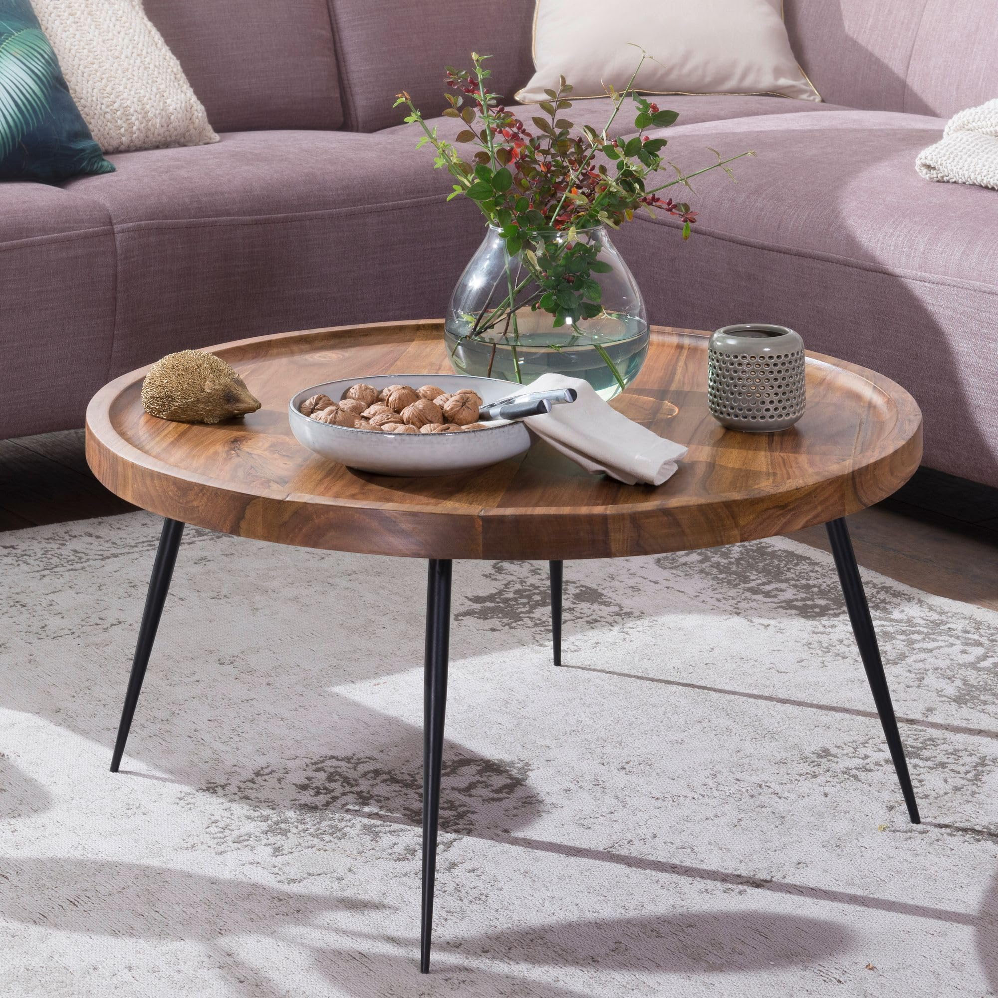 FineBuy Couchtisch Rund 75x75x39 cm Sheesham Massivholz, Metallbeine | Wohnzimmertisch im Industrial Stil, Sofatisch aus Echtholz, handgefertigt, jedes Stück ein Unikat