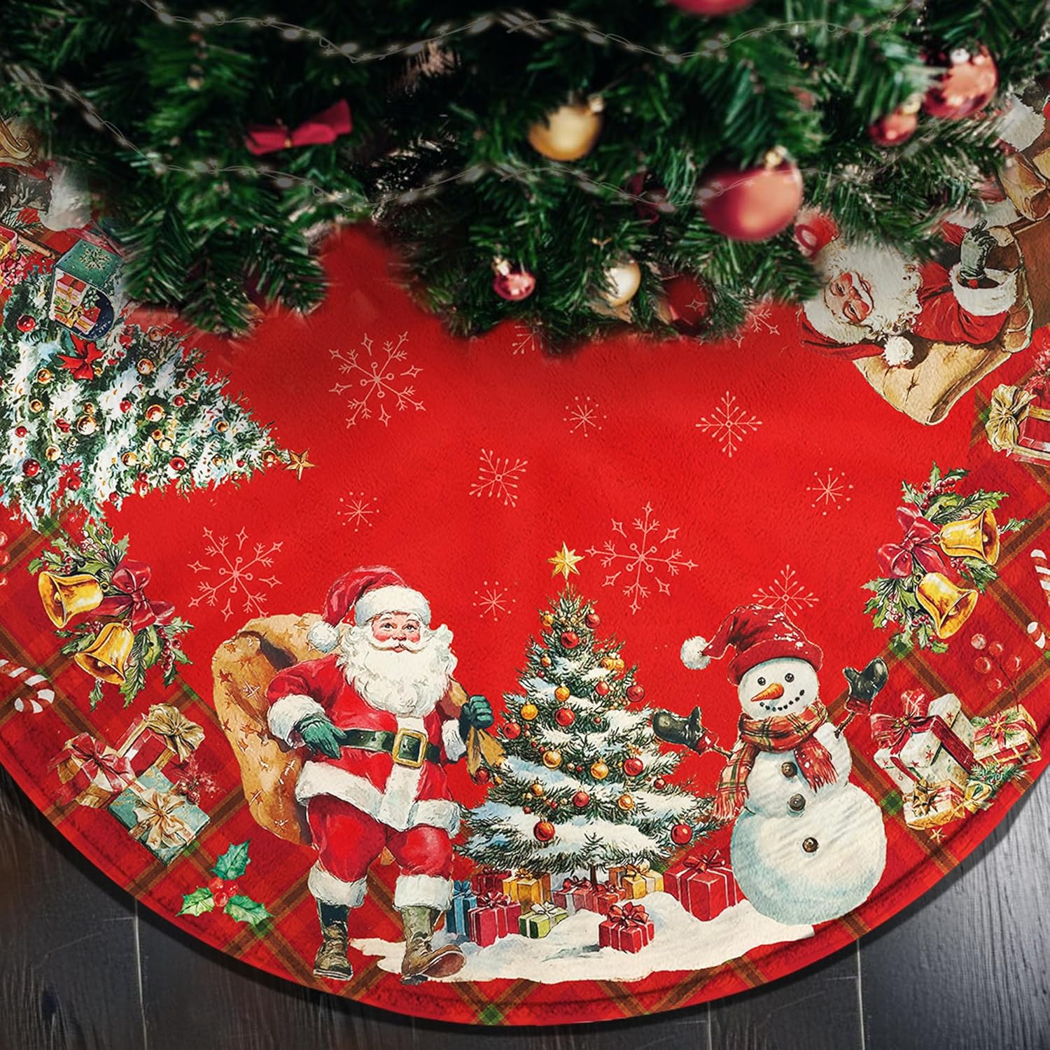 Double Sided Snowman Reindeer Santa Snowman Snowflake Christmas Tree Skirt, Snowman Tree Skirt for Winter Holiday Party Christmas Tree Skirt Decoration, 36 Inch Pink Tree Skirt