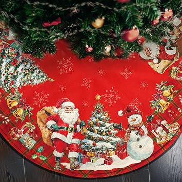Double Sided Snowman Reindeer Santa Snowman Snowflake Christmas Tree Skirt, Snowman Tree Skirt for Winter Holiday Party Christmas Tree Skirt Decoration, 36 Inch Pink Tree Skirt