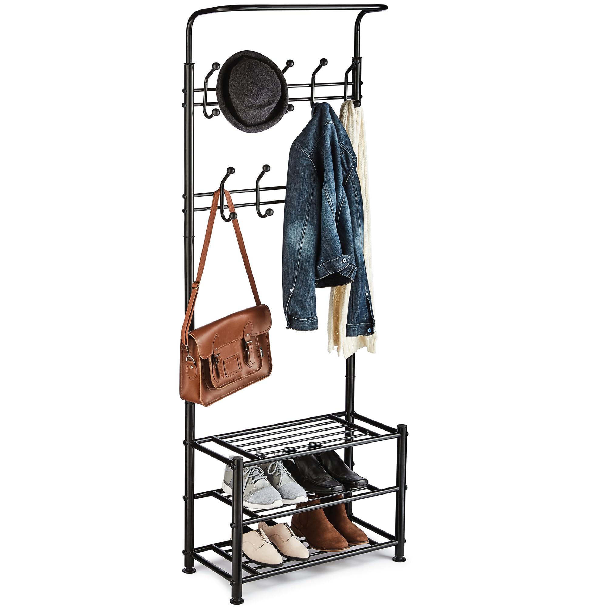 House of Home Coat Rack with Shoe Storage – Heavy-Duty Black Steel Hall Stand with 18 Hooks & Bench, Space-Saving 2-Tier Hallway Organiser for Coats, Jackets, Shoes & Accessories (188 × 68 × 31 cm) — image 1