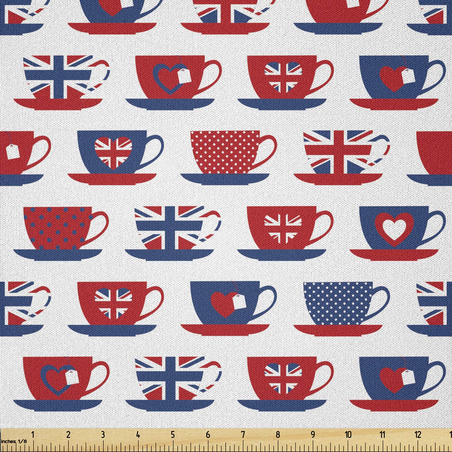 Ambesonne Tea Party Fabric by The Yard, Britain Themed Teacup Forms Patterned Union Jack Hearts Flags, Microfiber Fabric for Arts and Crafts Textiles &amp; Decor, 3 Yards, Dark Night Blue
